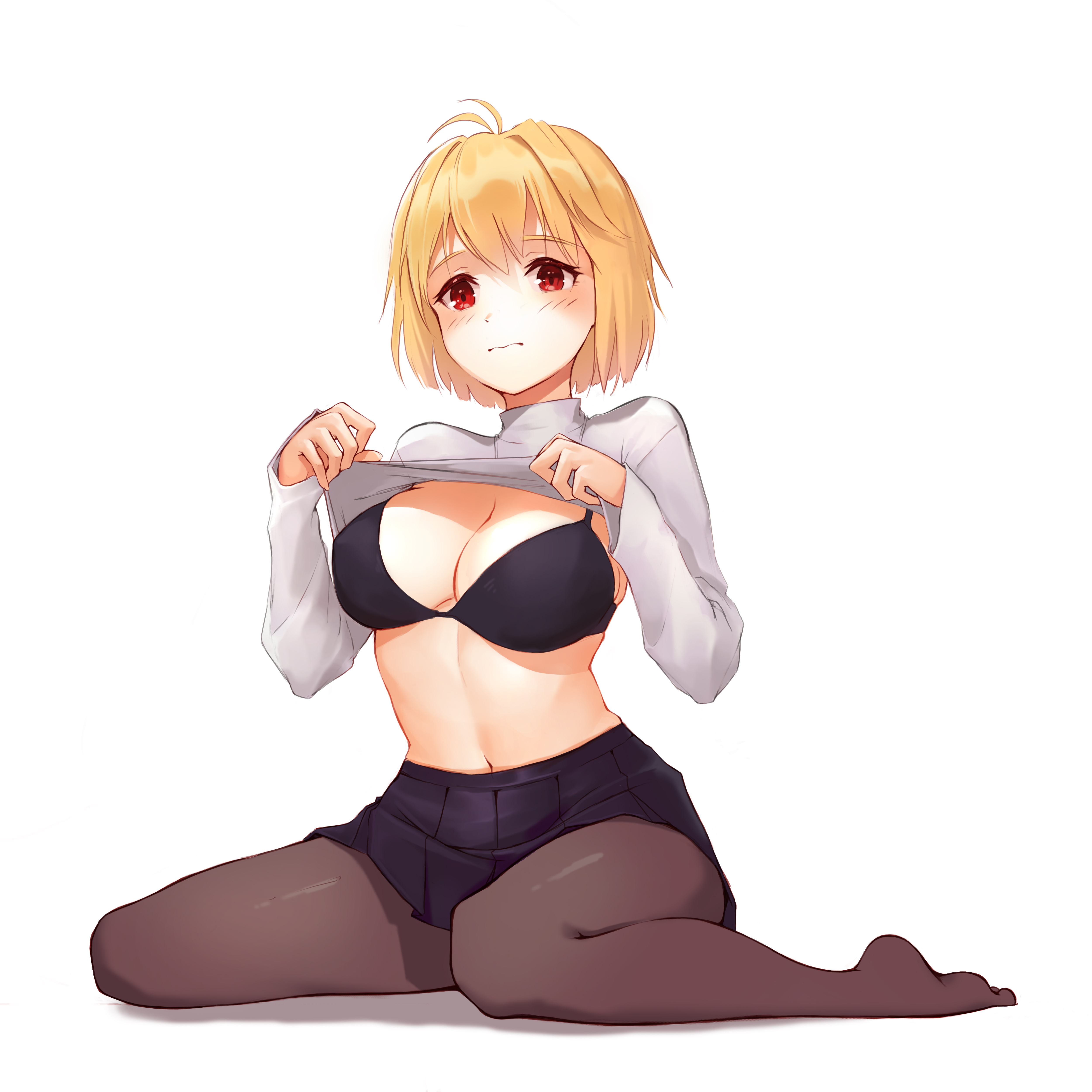 absurd res, arcueid brunestud, big breasts, black bra, blonde hair, blush, bra, breasts, cleavage, female, female only, flashing, flashing breasts, hi res, long sleeves, pantyhose, pleated skirt, red eyes, shirt lift, short hair, shy, sitting, solo, sweater, sweater lift, tsukihime, turtleneck, turtleneck sweater, type-moon, wariza