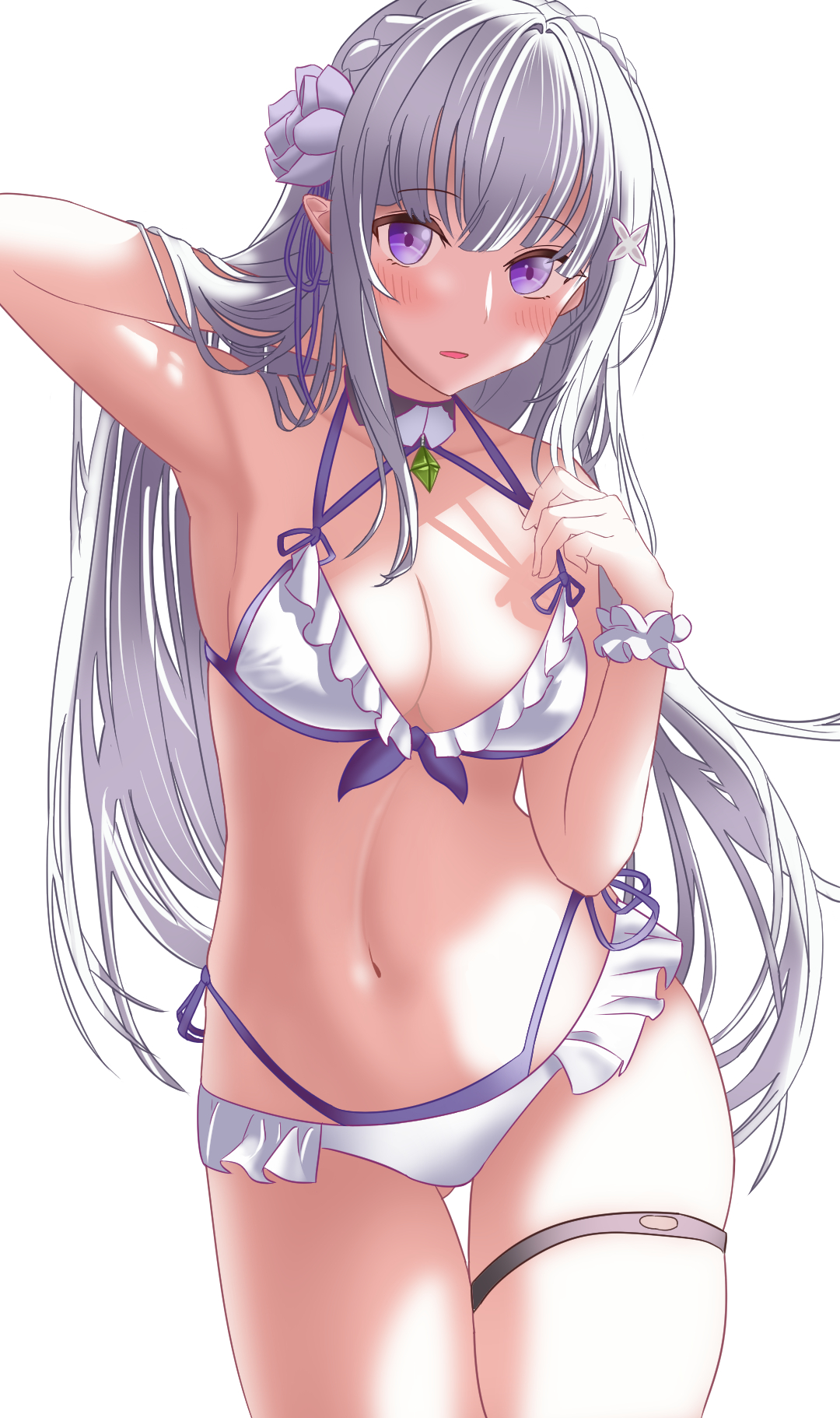 1girls, ahfu, ass visible through thighs, breasts, cleavage, emilia (re:zero), female, flower in hair, hairclip, highres, large breasts, long hair, navel, purple eyes, purple ribbon, re:zero kara hajimeru isekai seikatsu, silver hair, solo, solo female, solo focus, swimsuit, teenage female, teenager, white background, white swimsuit