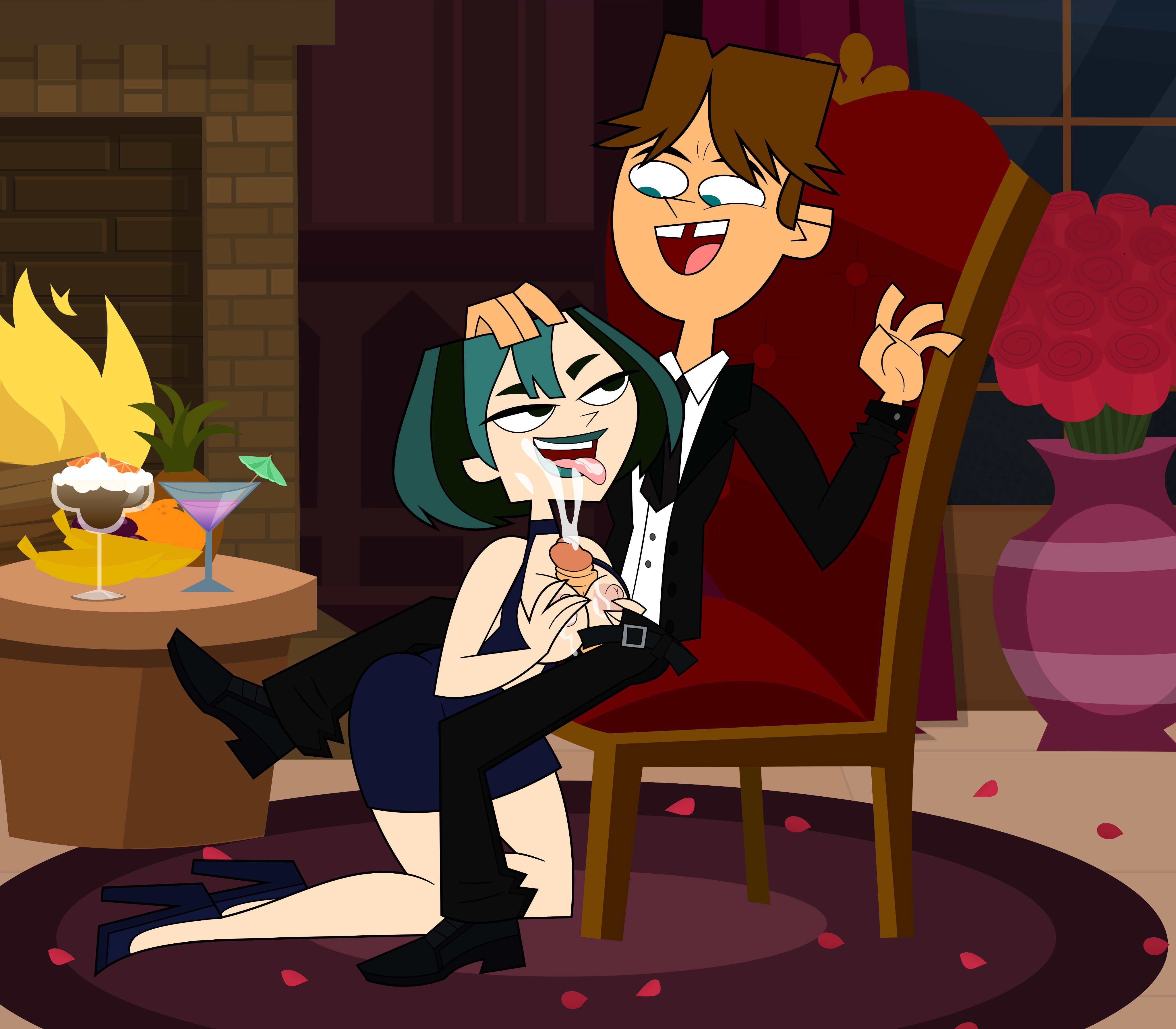 1boy, 1girls, black eyes, black hair, blue hair, blue lips, breasts, brown hair, cartoon network, chair, choker, cody (tdi), cum, cum on tongue, cumshot, dress, dyed hair, female, femsub, fireplace, gwen (tdi), half-closed eyes, hand on another's head, happy, happy sex, heels, height difference, high heels, kneeling, light skin, light-skinned female, light-skinned male, lipstick, looking at another, looking at partner, looking pleasured, male, maledom, multicolored hair, nipples, open mouth, paizuri, pale skin, pale-skinned female, penis, pennsatucky, rose petals, smile, smiling at another, submissive, submissive female, tagme, teal hair, teletoon, top heavy, total drama island, tuxedo, wardrobe malfunction, white female, white male