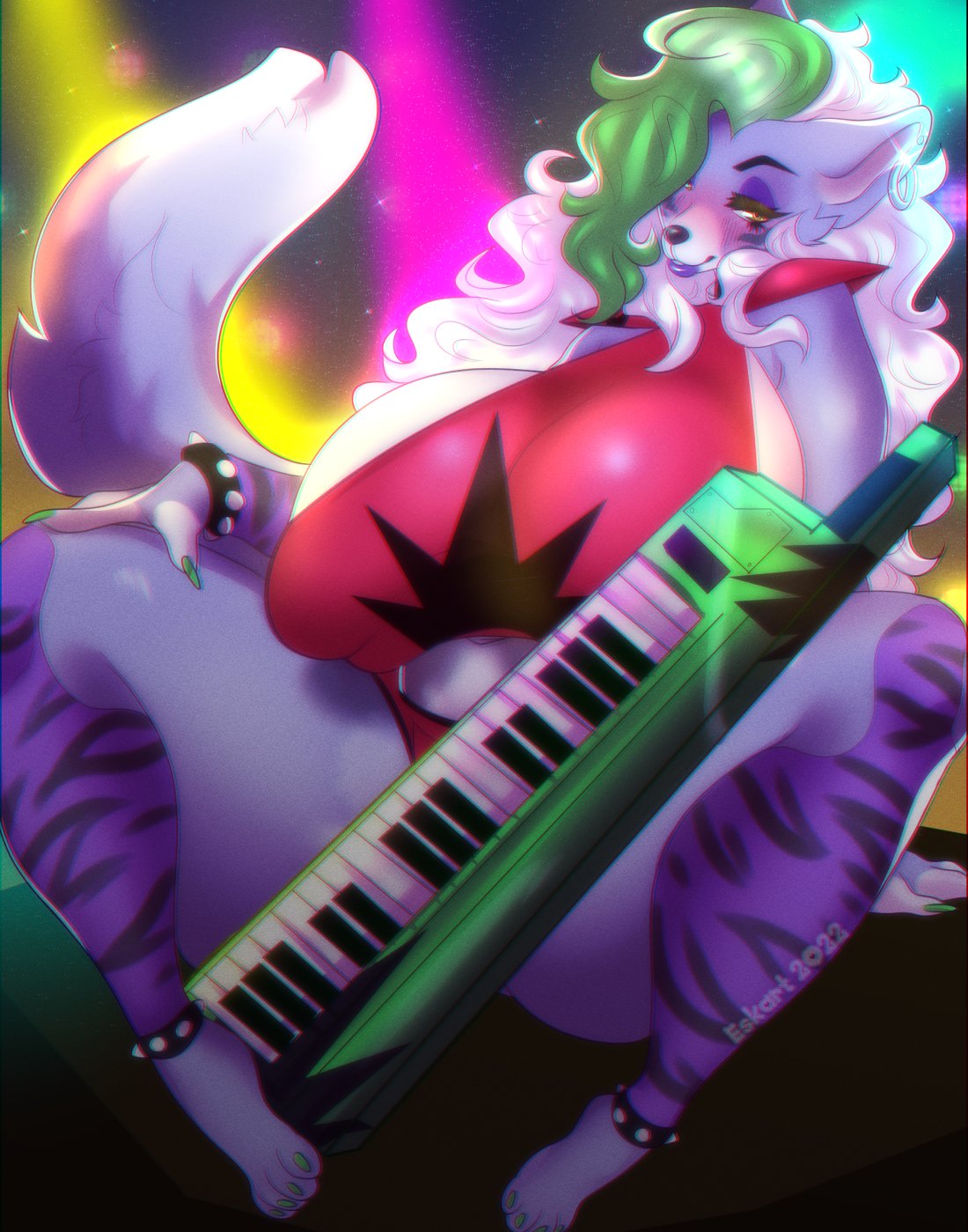 big breasts, blush, breasts, canid, canine, canis, clothed, clothing, ezukapizumu, female, five nights at freddy's, five nights at freddy's: security breach, fur, furry, furry only, large breasts, roxanne wolf (fnaf), solo, tagme, tail, thick thighs, wide hips, wolf