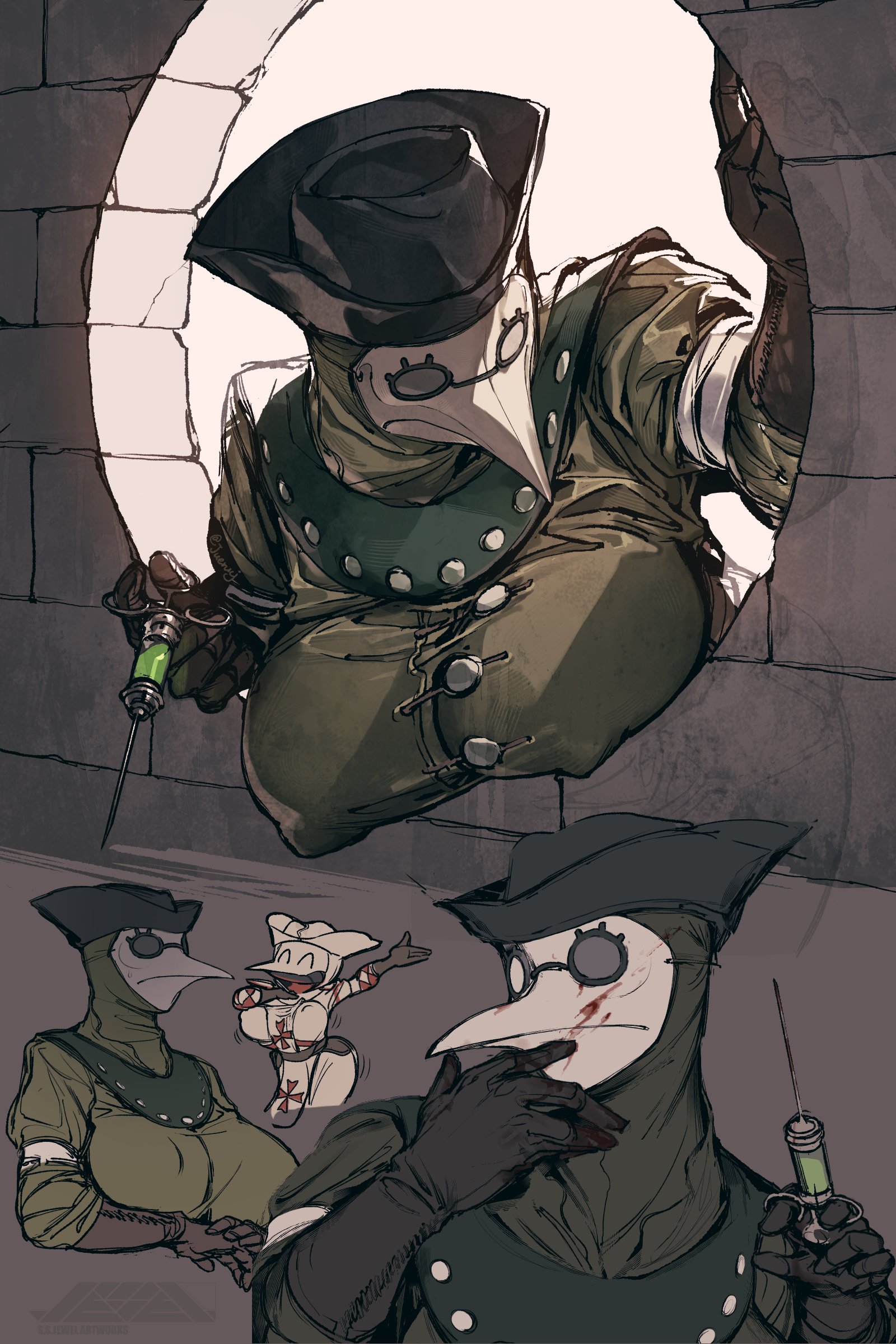 1girls, artist request, big breasts, breasts, clothed, female, mask, plague doctor, syringe, tagme