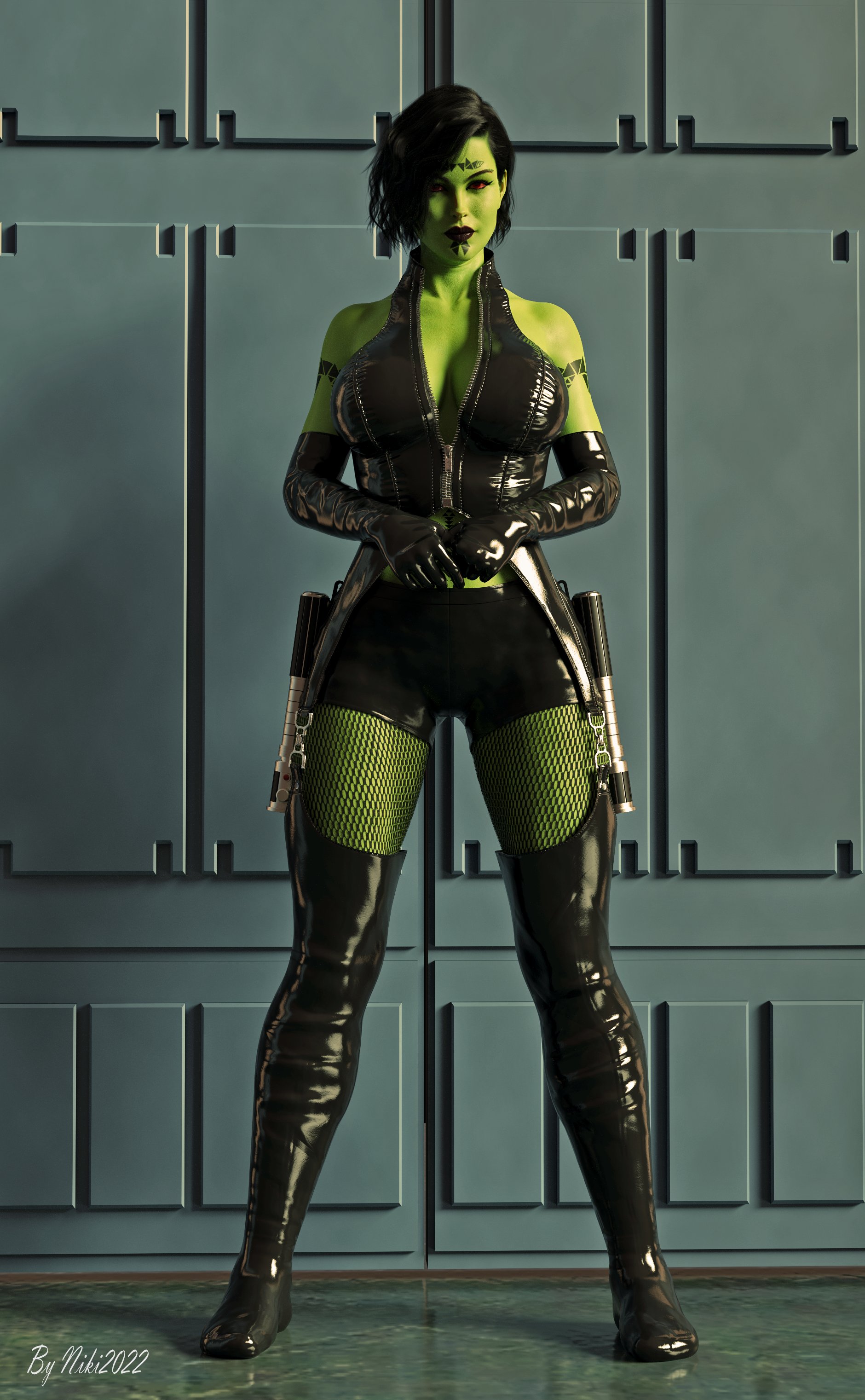 1girls, 3d, alien, alien girl, athletic, athletic female, black hair, breasts, elbow gloves, facing viewer, female, female only, fishnets, fit, green skin, humanoid, large breasts, latex, lightsaber hilt, mirialan, nikiko, original character, red eyes, seductive, sith, solo, star wars, tattoo, thighhighs, tight clothing, villainess
