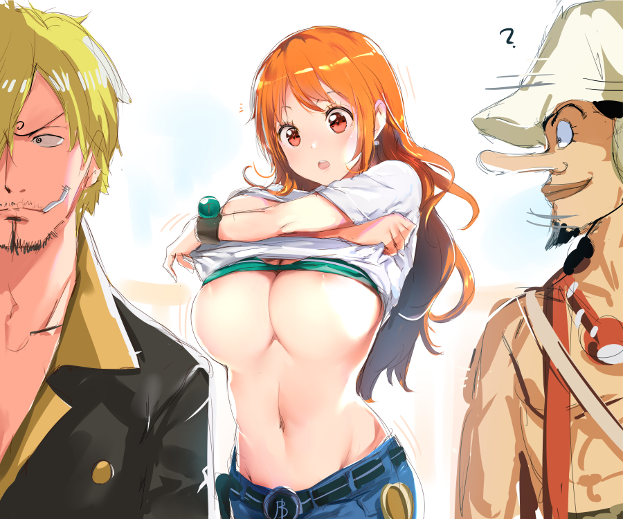 ?, 1girls, 2boys, areolae, big breasts, bikini, black hair, black hair male, blonde hair, blonde hair male, breasts, doodle, female, green bikini, jeans, log pose, long hair, male, nami (one piece), one piece, orange eyes, orange hair, orange hair female, pants, partially clothed, post-timeskip, standing, striped bikini, undressing, upper body, usopp, vinsmoke sanji, yaegashi nan