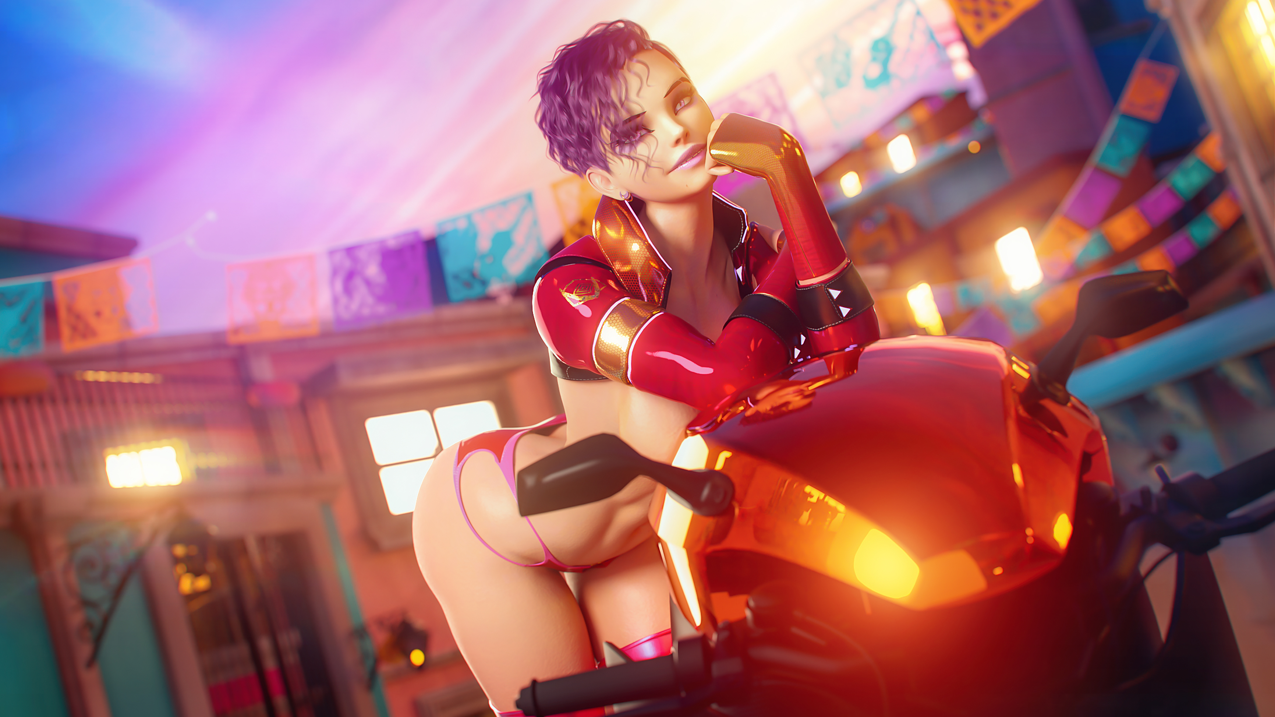 3d, female, female only, motorcycle, noahgraphicz, overwatch, pose, purple hair, solo, sombra, wide hips
