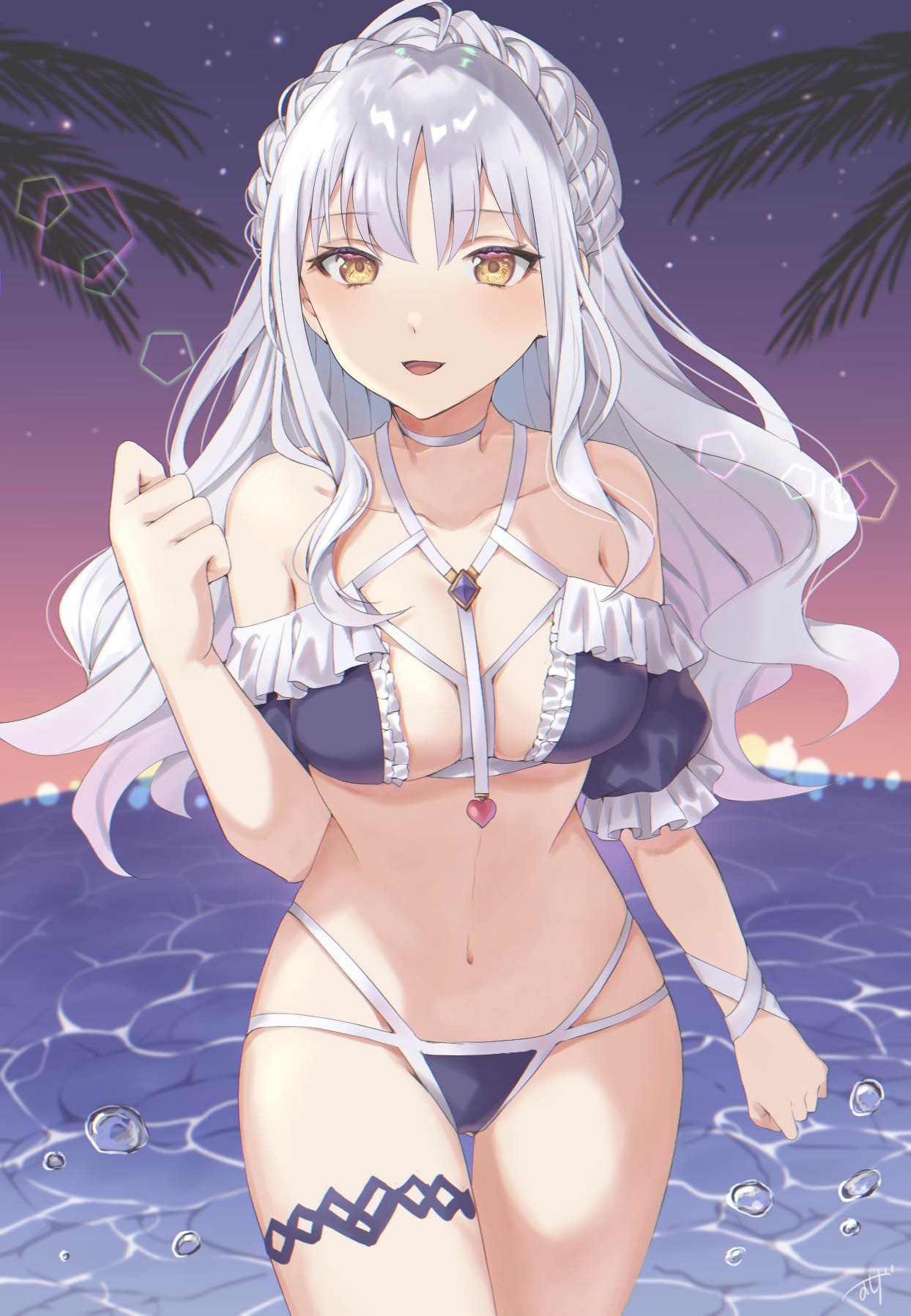 bikini blush caren_hortensia_(amor_caren) caren_ortensia crown_braid fate/grand_order fate/hollow_ataraxia fate/kaleid_liner_prisma_illya fate_(series) female female_only frilled_bikini frills long_hair looking_at_viewer oshage small_breasts smile solo swimsuit thigh_gap thigh_strap type-moon wavy_hair white_hair yellow_eyes