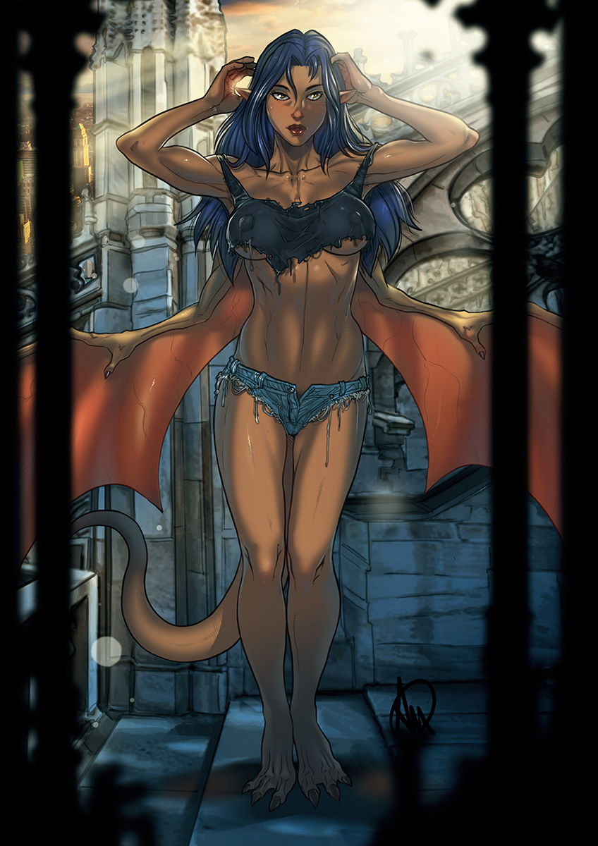 1girls 3_toes arms_behind_head blue_hair dark-skinned_female dark_skin detailed_background disney elisa_maza elisa_maza_(gargoyled) female female_only full_body ganassa gargoyle gargoyles humanoid long_hair looking_at_viewer narrowed_eyes pointy_ears rags sharp_toenails shorts solo solo_female tail tank_top torn_clothes unamused wings