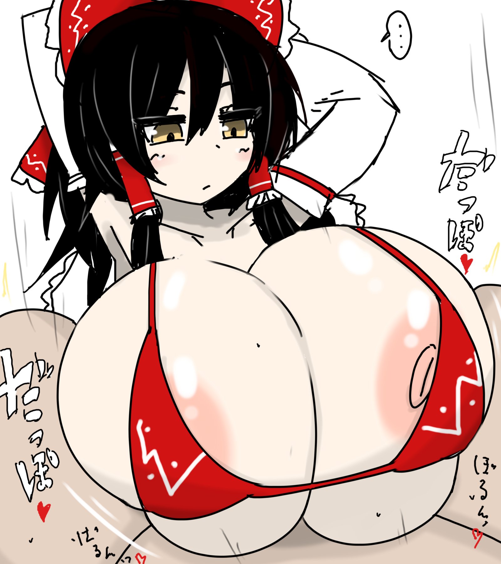 1boy, 1girls, alternate breast size, areolae, arms behind head, big breasts, bikini, bikini top, bimbo, black bikini, black bikini top, black hair, breasts, breasts out, color, engulfing paizuri, female, gigantic breasts, hair ribbon, hands-free, hands-free paizuri, heart, huge breasts, hyper breasts, japanese text, large breasts, looking at partner, looking down, male, massive breasts, motion lines, narrow shoulders, nipple slip, nipples, open clothes, paizuri, paizuri lead by female, paizuri on lap, red bikini, red bikini top, red swimsuit, reimu hakurei, straight, sweat, swimsuit, text, thin arms, touhou, translation request, vaba, white background