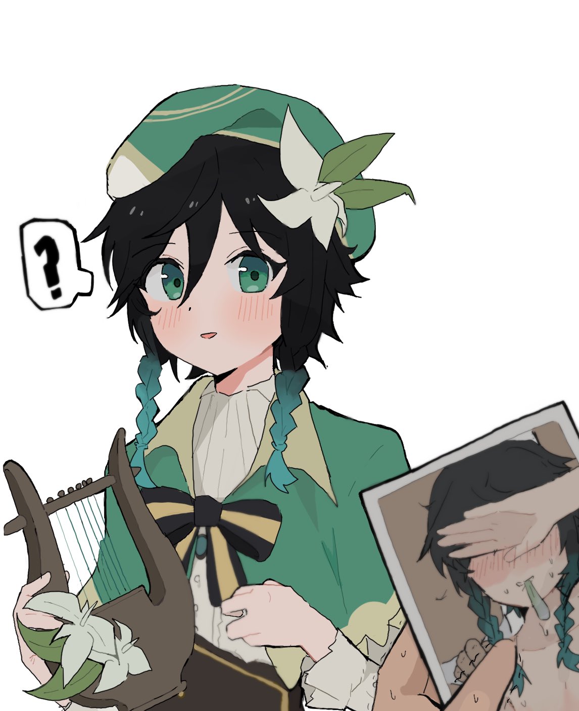 ?, 1boy, beret, blue hair, blush, braid, cellphone picture, condom, condom in mouth, covering eyes, covering face, embarrassed, femboy, filled condom, flower, genshin impact, girly, hair flower, hat, juxtaposition, kiribashi, long hair, male, male focus, male only, mouth hold, photo (object), photo comparison, speech bubble, sweat, trap, used condom, venti (genshin impact)