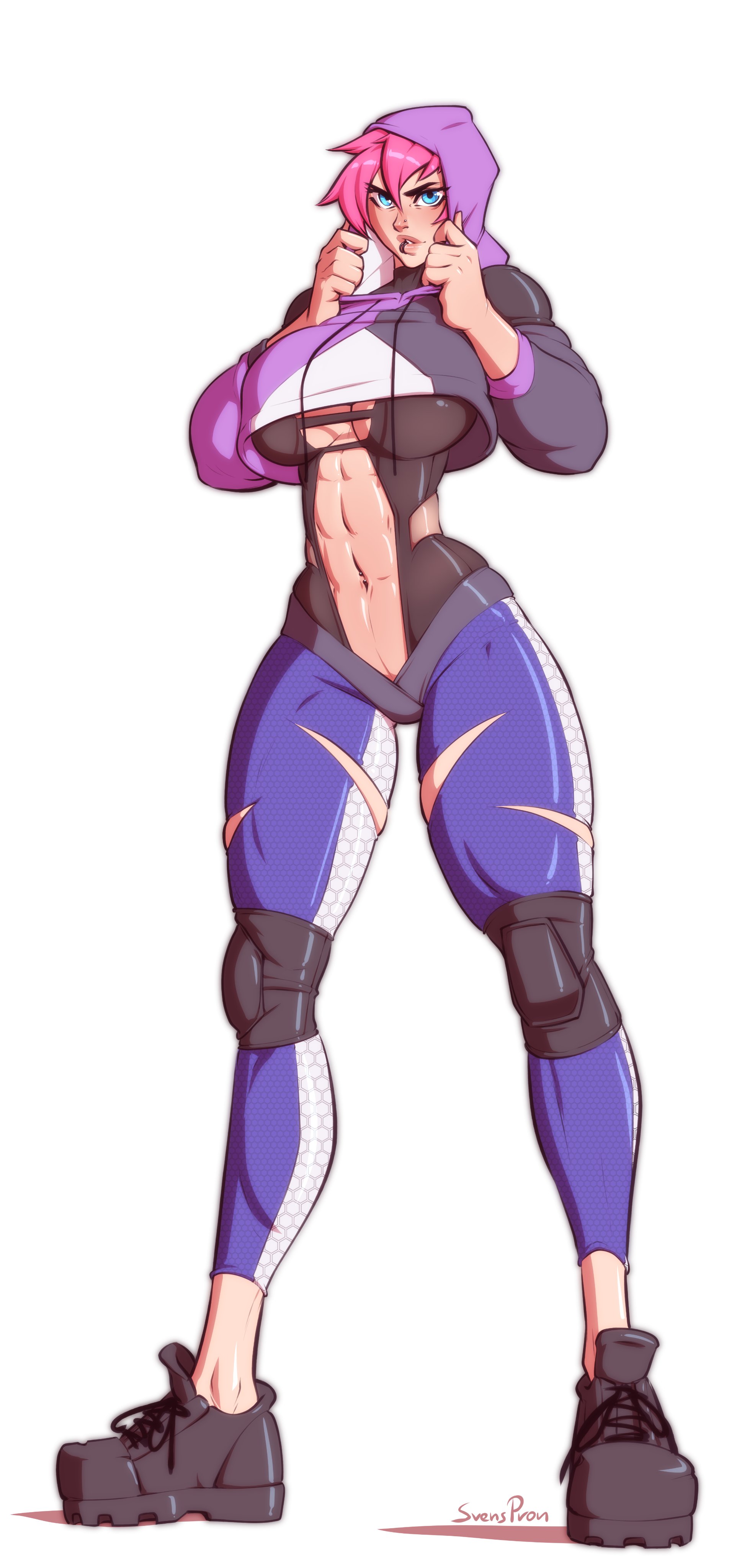 1girls, abs, athletic, athletic female, black footwear, breasts, center opening, clothed, contemporary, cropped hoodie, edie crop hoodie, female, full body, hood up, hoodie, huge breasts, human, knee pads, league of legends, lip piercing, lip ring, long legs, looking at viewer, muscular, muscular female, navel, navel piercing, nose piercing, piercing, piercings, pink hair, short hair, skin tight, sneakers, solo, streetwear, svenners, thick thighs, torn pants, underboob, vi