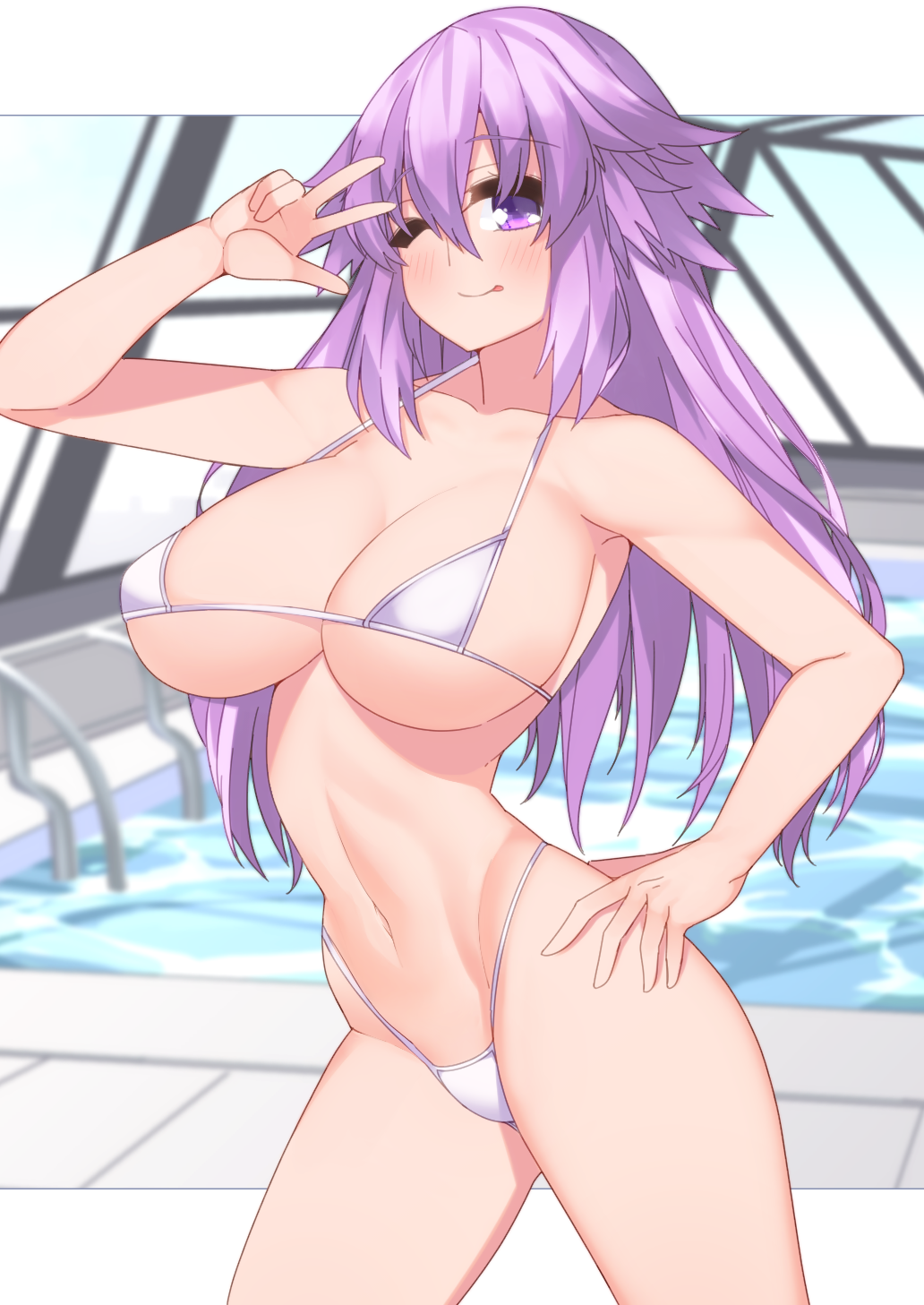 1girls :p adult_neptune bikini blush breasts dura female hair_between_eyes hair_ornament hand_on_hip highleg highleg_bikini highres indoors large_breasts long_hair looking_at_viewer navel neptunia_(series) pool purple_eyes purple_hair solo that_pool tongue_out w water white_bikini wink