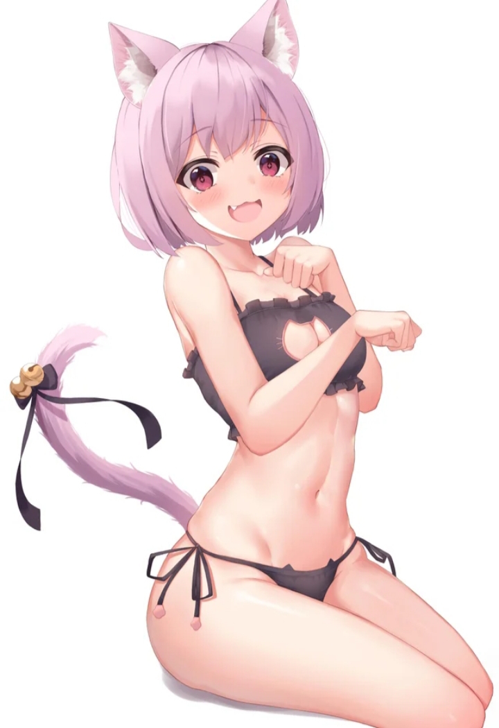 1girls 2022 :3 bangs belly_button big_ass big_breasts black_lingerie blush blush cat_ears cat_girl cat_humanoid cat_lingerie cat_tail catgirl catgirls cute female female female_focus female_only hair_between_eyes keyhole keyhole_bra light-skinned_female light_skin lingerie looking_at_viewer neko pink_eyes purple_ears purple_fur purple_hair purple_tail shiny_skin short_hair small_waist tail_bell thick_thighs