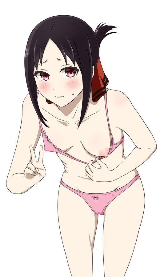 1girls, 2d, 2d (artwork), accurate art style, areola, blush, bra, breasts, coro fae, female, flashing, human, kaguya-sama wa kokurasetai ~tensai-tachi no renai zunousen~, light skin, light-skinned female, nervous, nipples, official style, one breast out, pale skin, pale-skinned female, panties, peace sign, shinomiya kaguya, shy, small breasts, solo, teasing, thighs, underwear