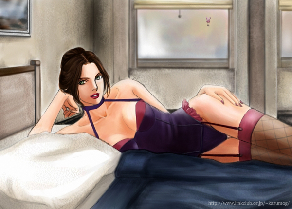 aisa_airport bedroom brown_hair bustier cynthia_velasquez female female_only fishnets garter_straps green_eyes indoors lingerie lipstick looking_at_viewer nail_polish on_bed on_side silent_hill silent_hill_4 solo stockings thighhighs