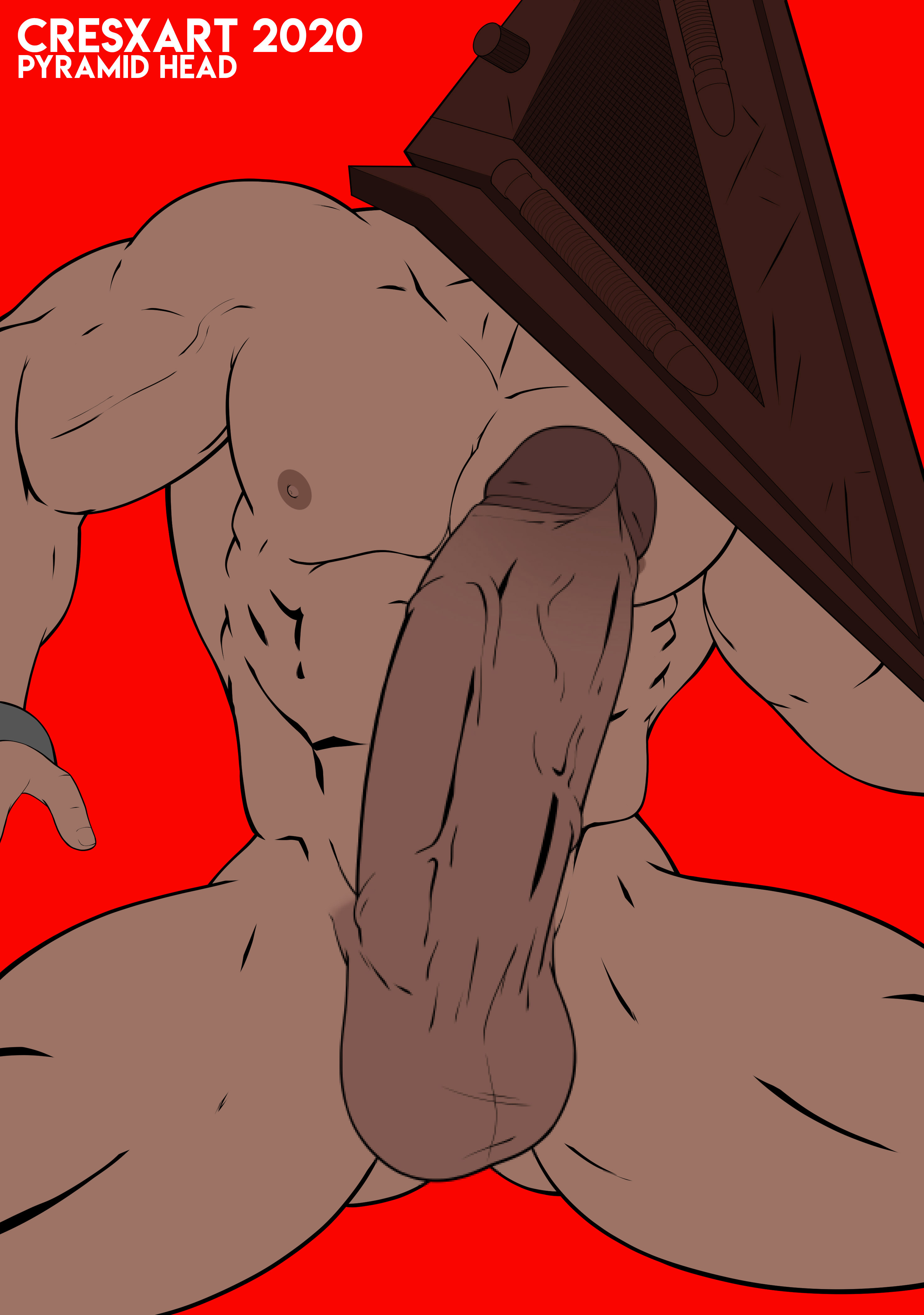 bara, big penis, completely nude, cresxart, erection, helmet, huge cock, male, male only, muscular, muscular male, nude, penis, pyramid head, red background, silent hill, silent hill (film), silent hill homecoming, solo, spread legs, tan skin, uncensored, veiny penis, yaoi