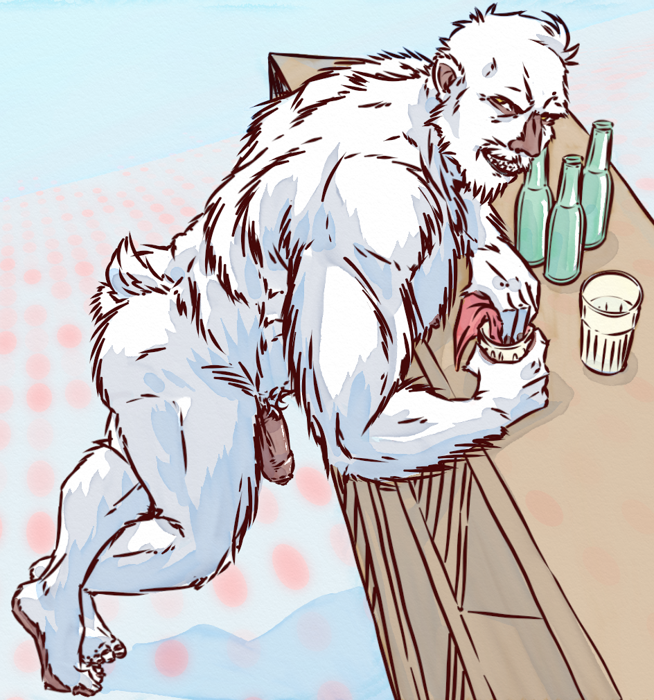 alcohol anthro ass bartender beverage biceps big_penis digital_media_(artwork) dnd5e dungeons_and_dragons flaccid foreskin fur genitals hasbro humanoid humanoid_genitalia humanoid_penis lavilovi looking_at_viewer male male_solo mammal muscular muscular_anthro muscular_male nude penis pubes simple_background smile solo white_body white_fur wizards_of_the_coast yeti