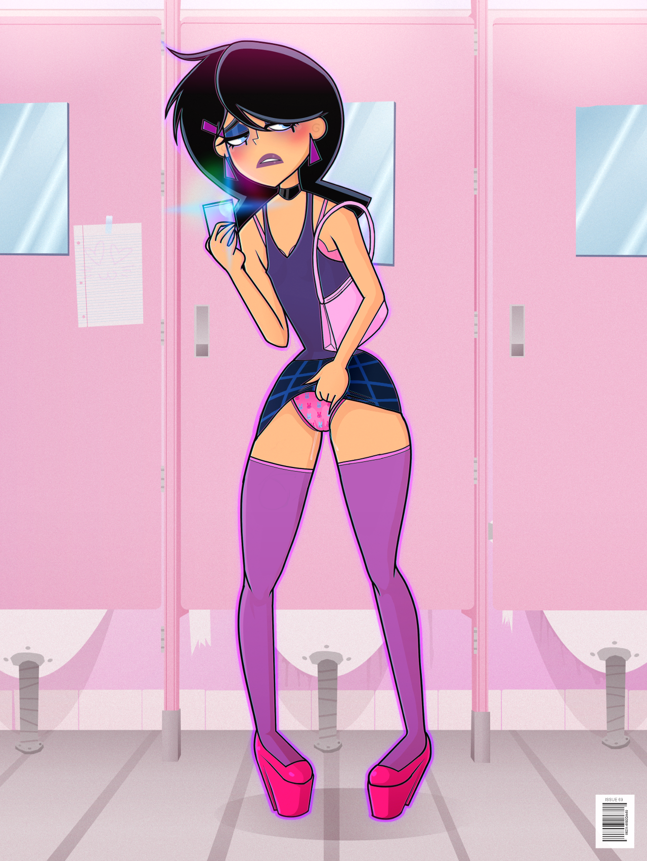 1boy, bathroom stall, danny fenton, danny phantom, femboy, feminine male, feminization, girly, issue 69, male, male only, running mascara, sam manson (cosplay), sissy, solo, unneeded bra
