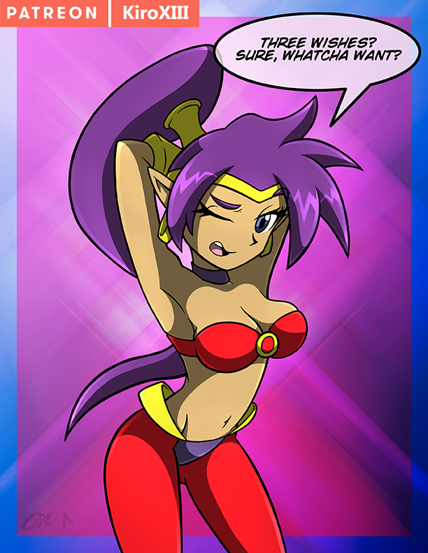 1girls comic dark-skinned_female dialogue female_only genie kiroxiii looking_at_viewer medium_breasts pointy_ears purple_hair shantae shantae_(character) smooth_skin talking_to_viewer wish