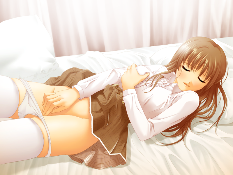 bangs bed_sheet brown_hair brown_skirt closed_eyes clothes_lift collared_shirt detailed_background dress_shirt eyebrows_visible_through_hair female female_masturbation game_cg hagawa_reina hair_between_eyes indoors long_hair long_sleeves lying masturbation miniskirt oba_no_shinshitsu ojiri_shin'ya on_back open_mouth panties panty_pull plaid plaid_skirt pleated_skirt self_fondle shiny shiny_hair shirt skirt skirt_lift solo straight_hair thighhighs underwear white_legwear white_panties white_shirt wing_collar