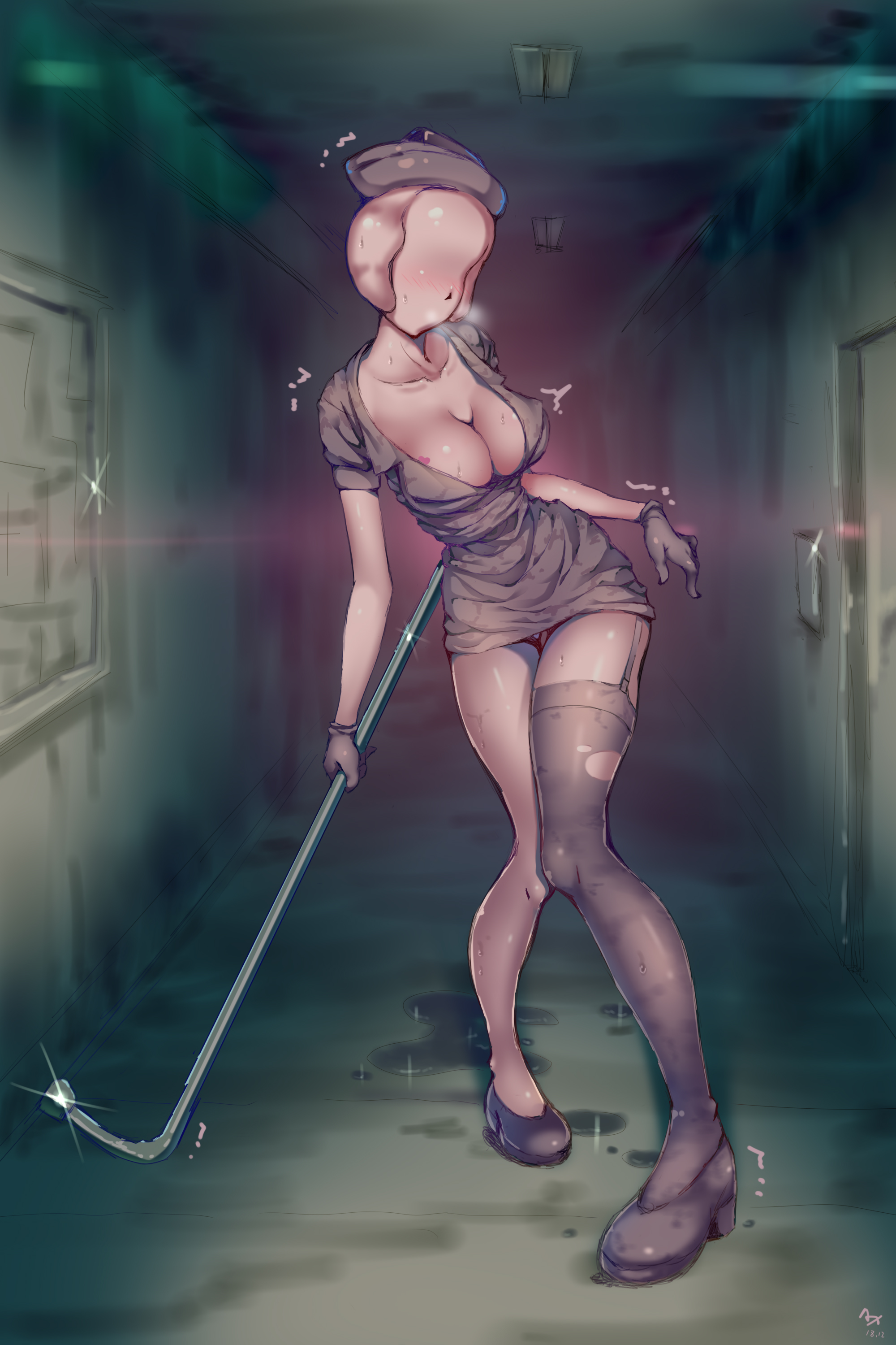 2d, 2d (artwork), big breasts, blush, breasts, breath, bubble head nurse, cleavage, eyeless, faceless, faceless female, female, female only, full body, garter straps, gloves, hallway, high heels, horror, human, knees together feet apart, lead pipe, minidress, monster girl, nurse, nurse (silent hill), nurse cap, nurse uniform, pale skin, pink skin, pipe, pipes, short dress, silent hill, silent hill 2, single thighhigh, solo, standing, sweat, walking, weapon