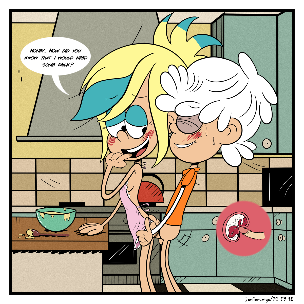 apron, ass, bite lip, blonde hair, blue hair, breasts, cum, cum in pussy, cum in uterus, cum inside, detailed background, female, javisuzumiya, kitchen, lincoln loud, orange shirt, pussy, sam sharp, the loud house, white hair, x-ray