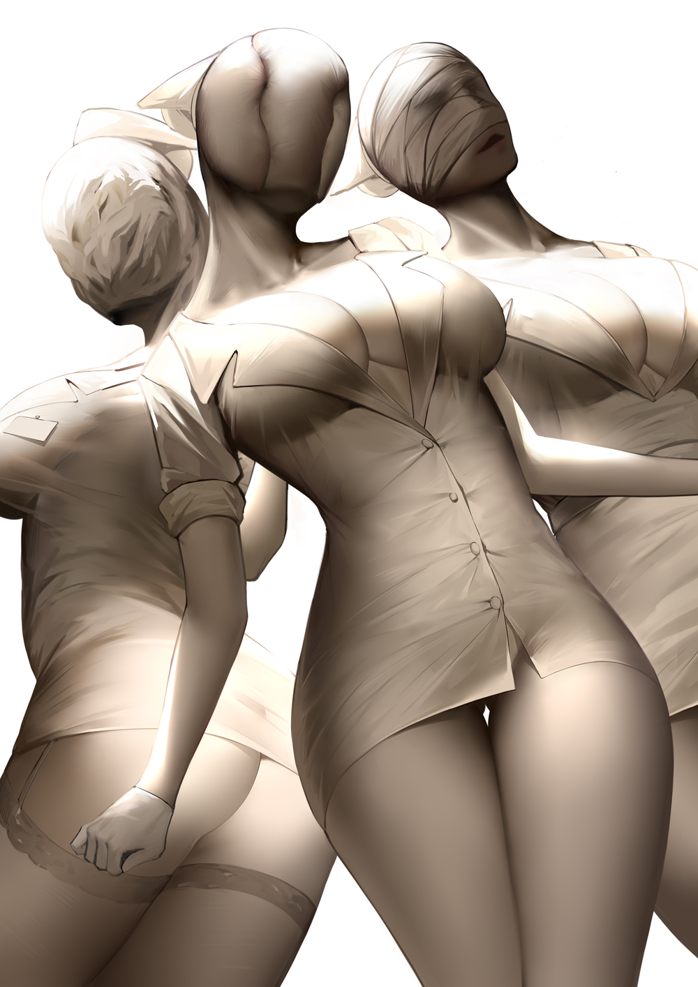 2d 2d_(artwork) 3girls an_yasuri bandages big_ass big_breasts bubble_head_nurse cleavage faceless faceless_female female female_only garter_belt gloves hourglass_figure lace-trimmed_thighhighs looking_back low-angle_view minidress nurse nurse_(silent_hill) nurse_cap nurse_uniform pale-skinned_female pale_skin short_dress short_sleeves silent_hill silent_hill_(film) silent_hill_2 silent_hill_homecoming stockings thighhighs tight_clothing white_body white_gloves white_skin wide_hips