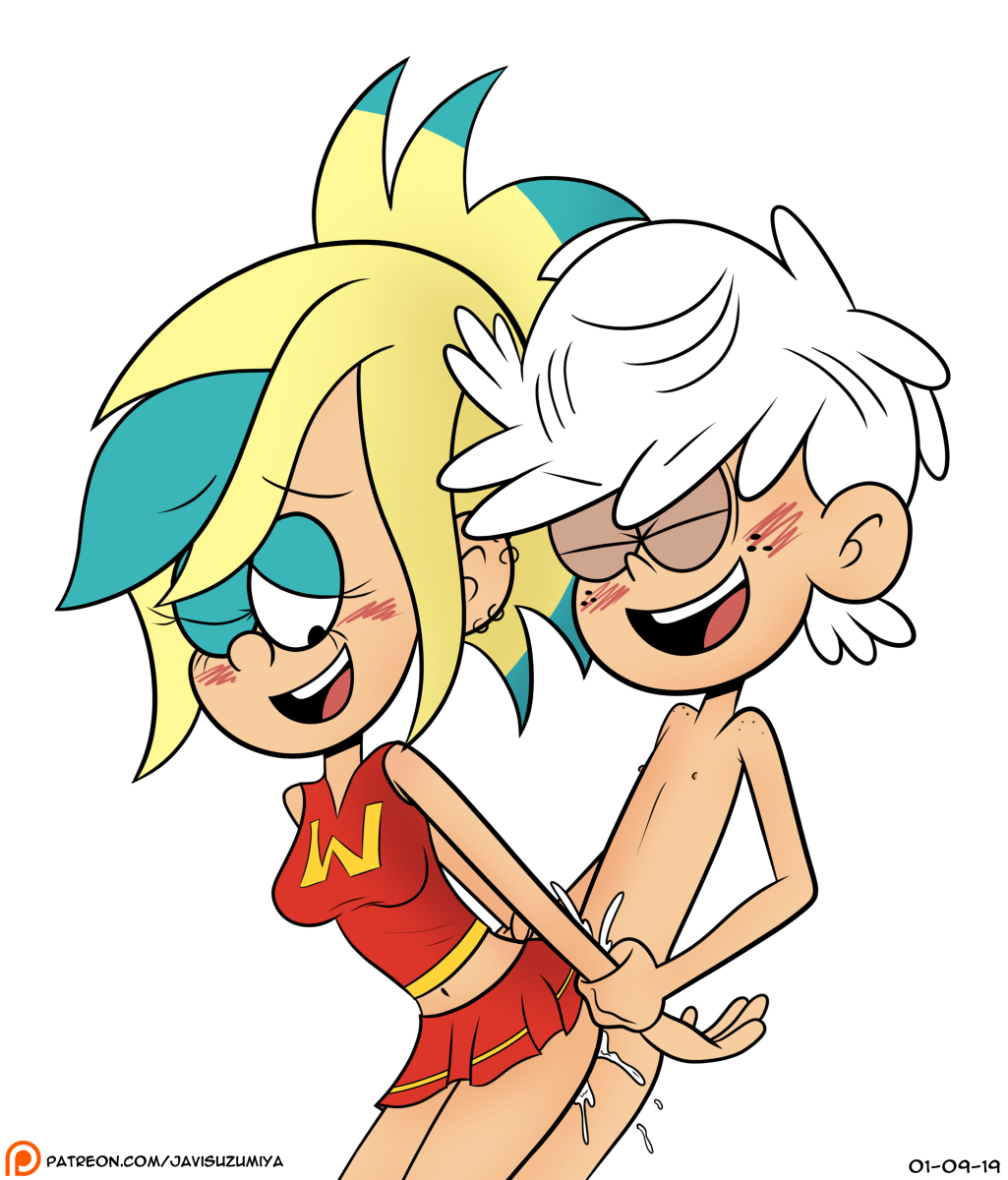 ass, blonde hair, blue hair, breasts, cheerleader uniform, cum, cum in pussy, cum inside, female, javisuzumiya, lincoln loud, pussy, sam sharp, the loud house, white background, white hair