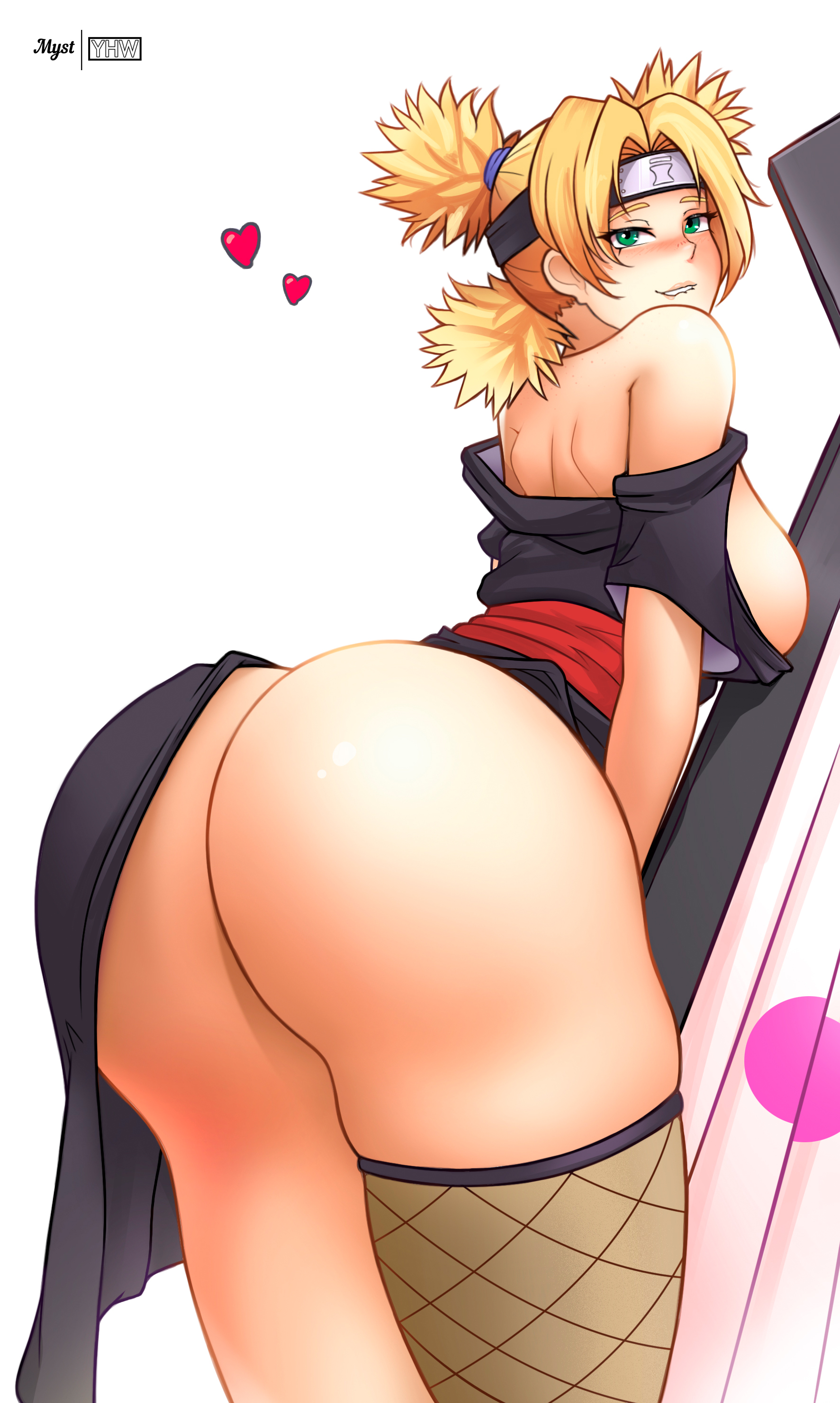 1girls, alternate ass size, ass, bare ass, bare shoulders, big ass, biting lip, blonde hair, breasts, clothed, dress, dress aside, female, female only, green eyes, highres, huge ass, human, human only, leaning forward, looking at viewer, looking back, myst, naruto, naruto (series), naruto shippuden, off shoulder, seductive, seductive look, sideboob, smile, solo, solo female, solo focus, temari, thick thighs, thighhighs, thighs, twintails, yhw