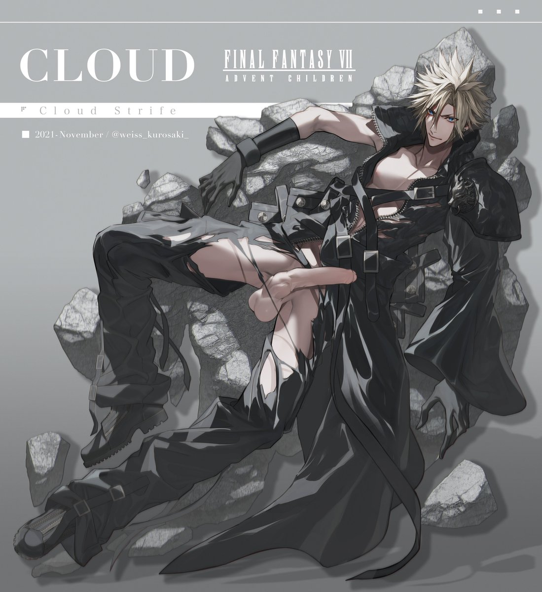1boy, blonde hair, cloud strife, final fantasy, final fantasy vii, male, male only, penis, ripped clothing, solo, tagme, uncensored, weiss kurosaki
