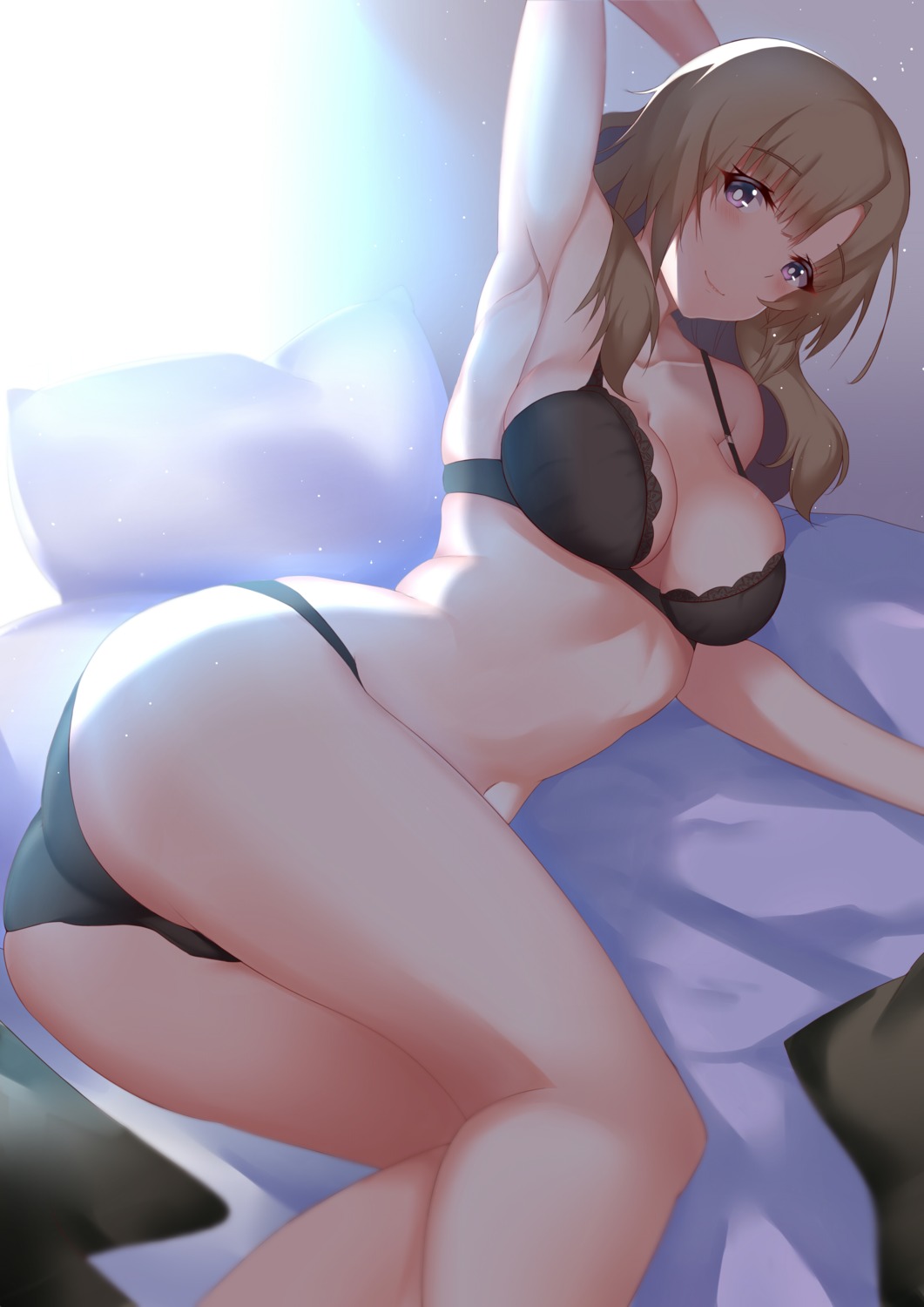 armpits, black lingerie, female, female only, lying on bed, oosuki mamako, purple eyes, solo, tagme, tsuujou kougeki ga zentai kougeki de ni-kai kougeki no okaasan wa suki desu ka?