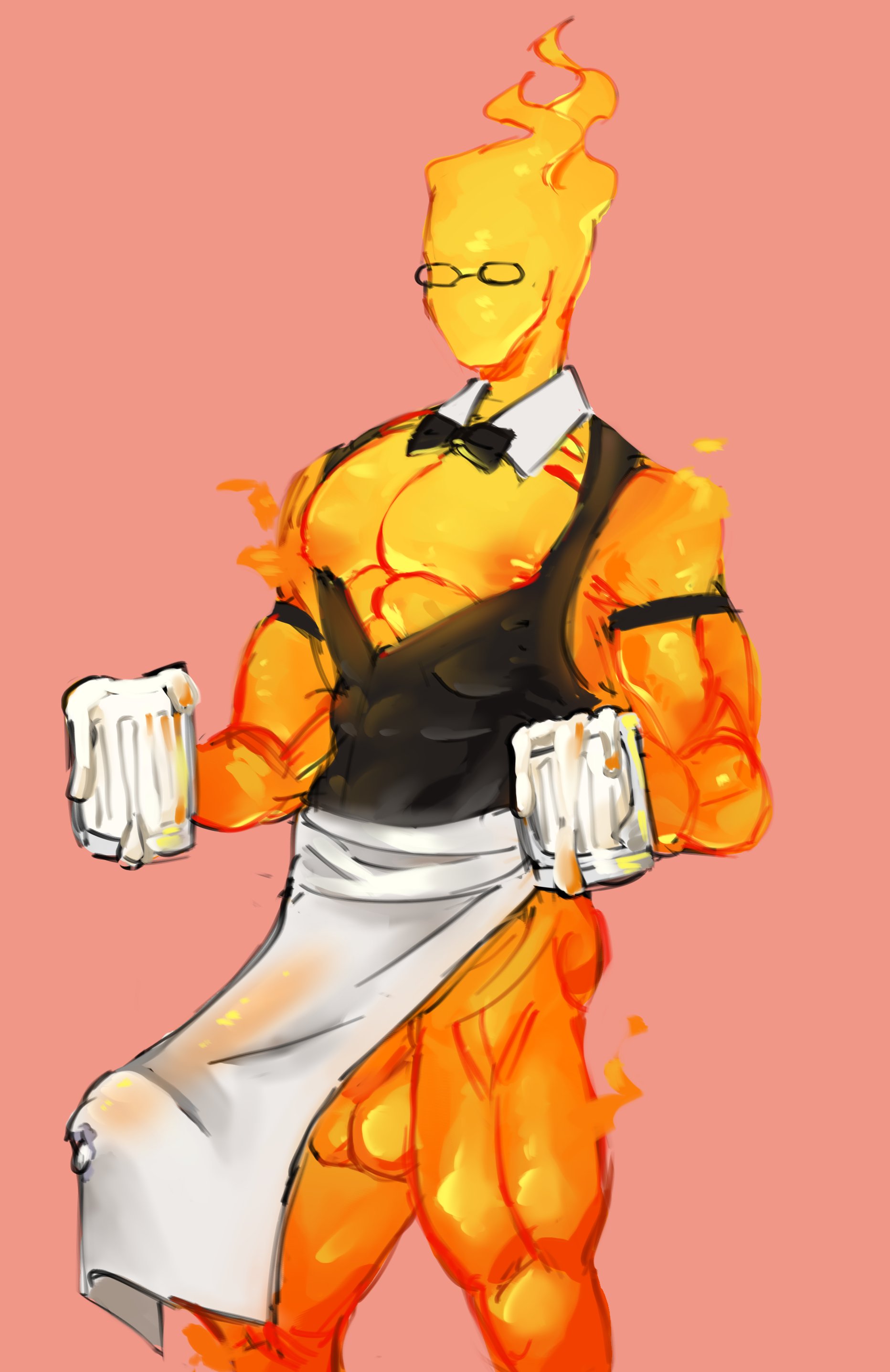 1boy, balls, balls out, erect nipples, erect penis, erection, grillby, holding object, male, muscles, muscular, muscular male, nipples, nipples outside, penis, precum, solo, solo male
