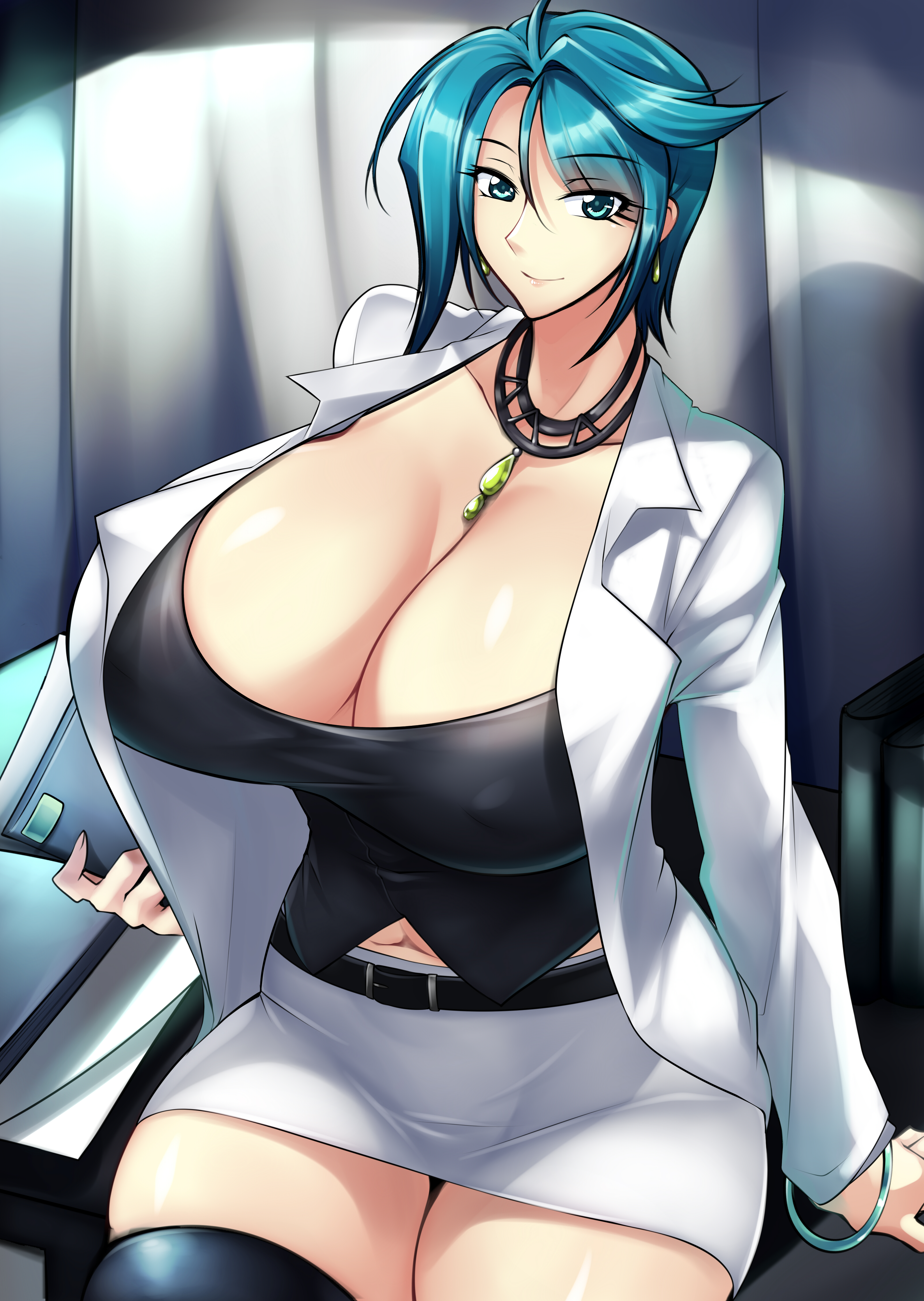 1girls, arm support, bangs, belt skirt, belted skirt, big breasts, black shirt, breasts, child bearing hips, clothing, coat, female, female focus, female only, fit, fit female, haganef, hips, holding paper, huge breasts, large breasts, light skin, light-skinned female, looking at viewer, mature, mature female, milf, miniskirt, nao tachibana, navel, necklace, oblivious sexualization, original, original character, paper, pencil skirt, shirt, short hair, skirt, smile, solo, solo female, solo focus, teal eyes, teal hair, thick thighs, thighhighs, thighs, tight skirt, toned, toned female, unbothered, white clothing, white coat, white skirt, wholesome, wide hips
