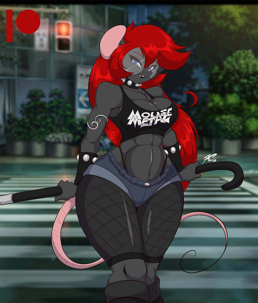 1girls 2022 anthro breasts cane cleavage female female_only fishnets furry glasses grey_fur long_hair looking_at_viewer mastergodai mouse piercing punk rascals raven_fields red_hair rodent solo spiked_collar tail thick_thighs wide_hips