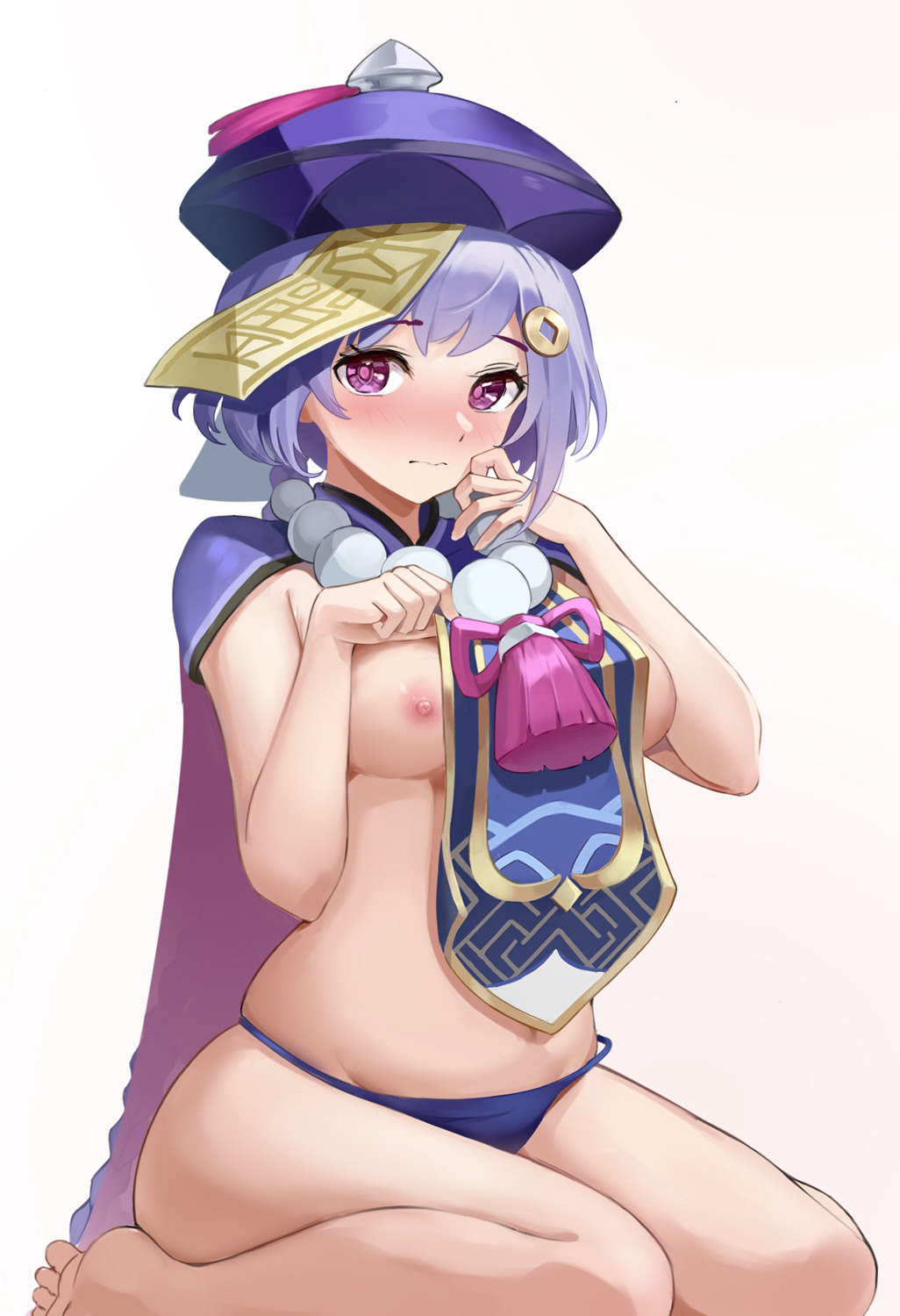 1girls, aged up, amco, barefoot, blush, braid, braided ponytail, breasts, cape, feet, female, genshin impact, hat, highres, jiangshi, looking at viewer, navel, panties, purple eyes, purple hair, purple panties, qiqi (genshin impact), sitting, small breasts, solo, talisman, topless, underwear, wariza