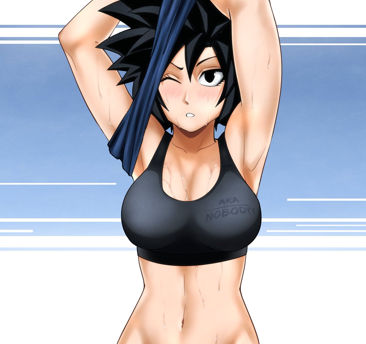 abs aka_nobodyy breasts color dragon_ball female_saiyan original_character post_workout stomach sweaty zukki_(aka_nobodyy)