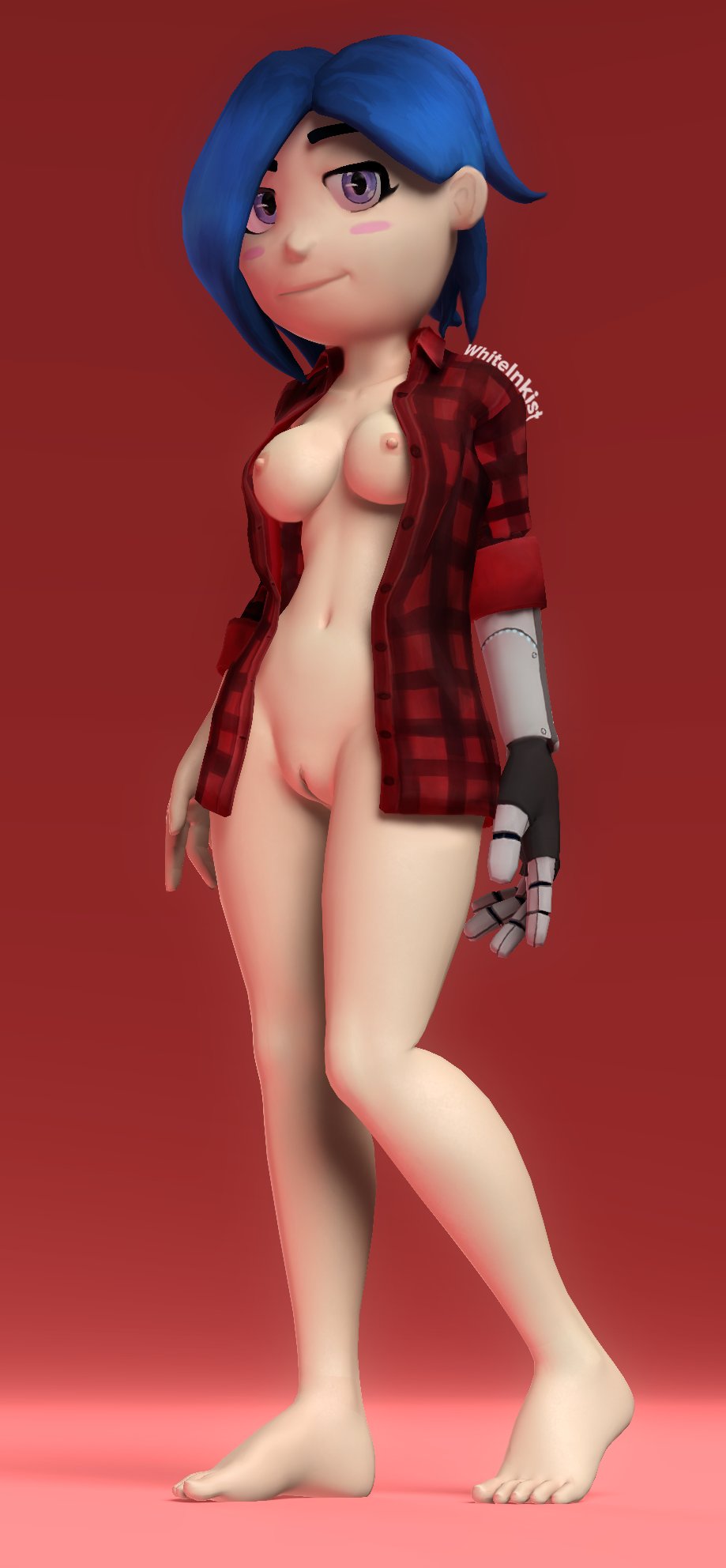 3d classic_tari_(smg4) female_only open_shirt red_flannel robotic_arm smg4 tari_(smg4) white_inkist