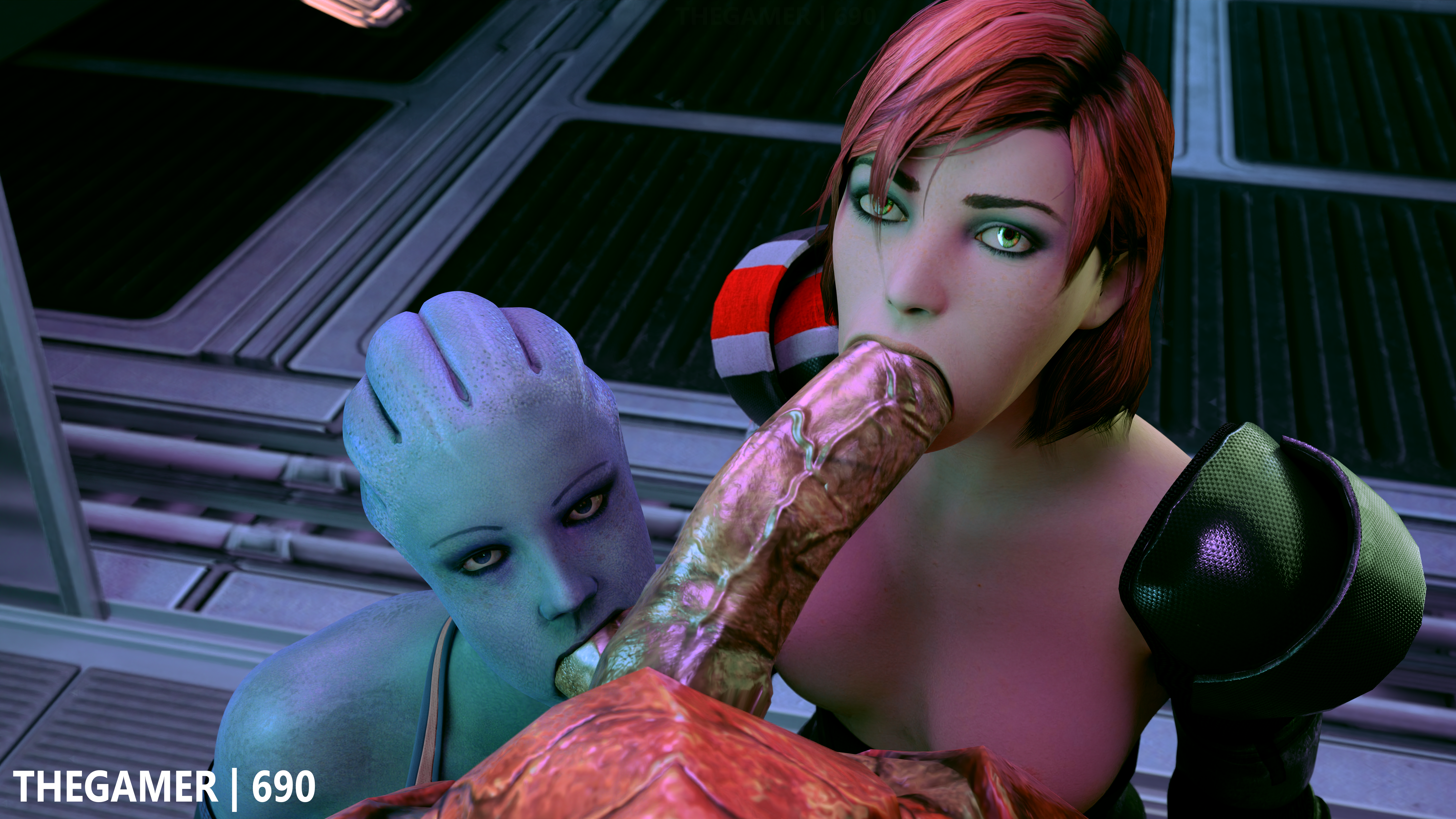 1boy, 2girls, 3d, alien, alien girl, asari, balls, balls sucking, blue skin, collaborative fellatio, commander shepard, erection, fellatio, female, female protagonist, femshep, freckles, green eyes, huge cock, human, interspecies, krogan, liara t'soni, male, male pov, mass effect, multiple females, multiple girls, oral, oral sex, penis, pov, teamwork, testicles, thegamer690, threesome, urdnot wrex, veiny penis
