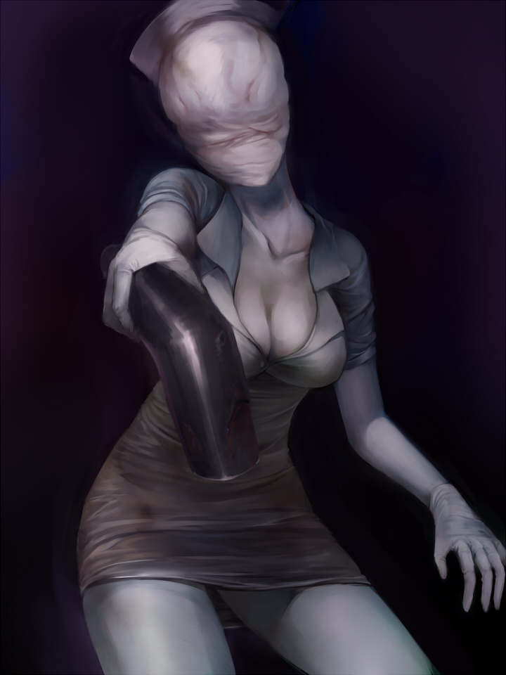 2d, 2d (artwork), big breasts, black background, breasts, bubble head nurse, cleavage, female, female only, gloves, horror, human, lead pipe, light skin, light-skinned female, minidress, monster girl, nurse, nurse (silent hill), nurse cap, nurse uniform, pale skin, pale-skinned female, pipe, pipes, short dress, silent hill, silent hill 2, simple background, solo, teroru, tight clothing, weapon, white gloves