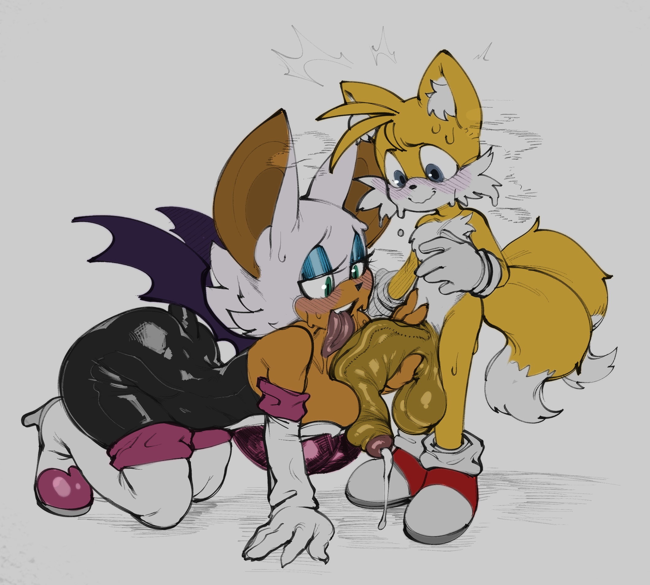 anthro, ass, balls, bat, bent over, big breasts, big penis, blush, breasts, canid, canine, chiropteran, clothed, clothing, cock hungry, duo, edit, eigaka, exposed torso, fellatio, female, footwear, footwear only, foreskin, fox, furry, gloves, half-closed eyes, handwear, handwear and footwear only, handwear only, hi res, huge ass, huge breasts, huge cock, large penis, larger female, licking, licking penis, male, mammal, manual, miles prower, mostly nude, oral, paizuri, penile, penis, penis between breasts, penis lick, precum, precum drip, rouge the bat, saliva, sega, sex, simple background, size difference, small but hung, smaller male, sonic (series), steam, straight, sweat, tails, tails the fox, tongue, tongue out, uncircumcised
