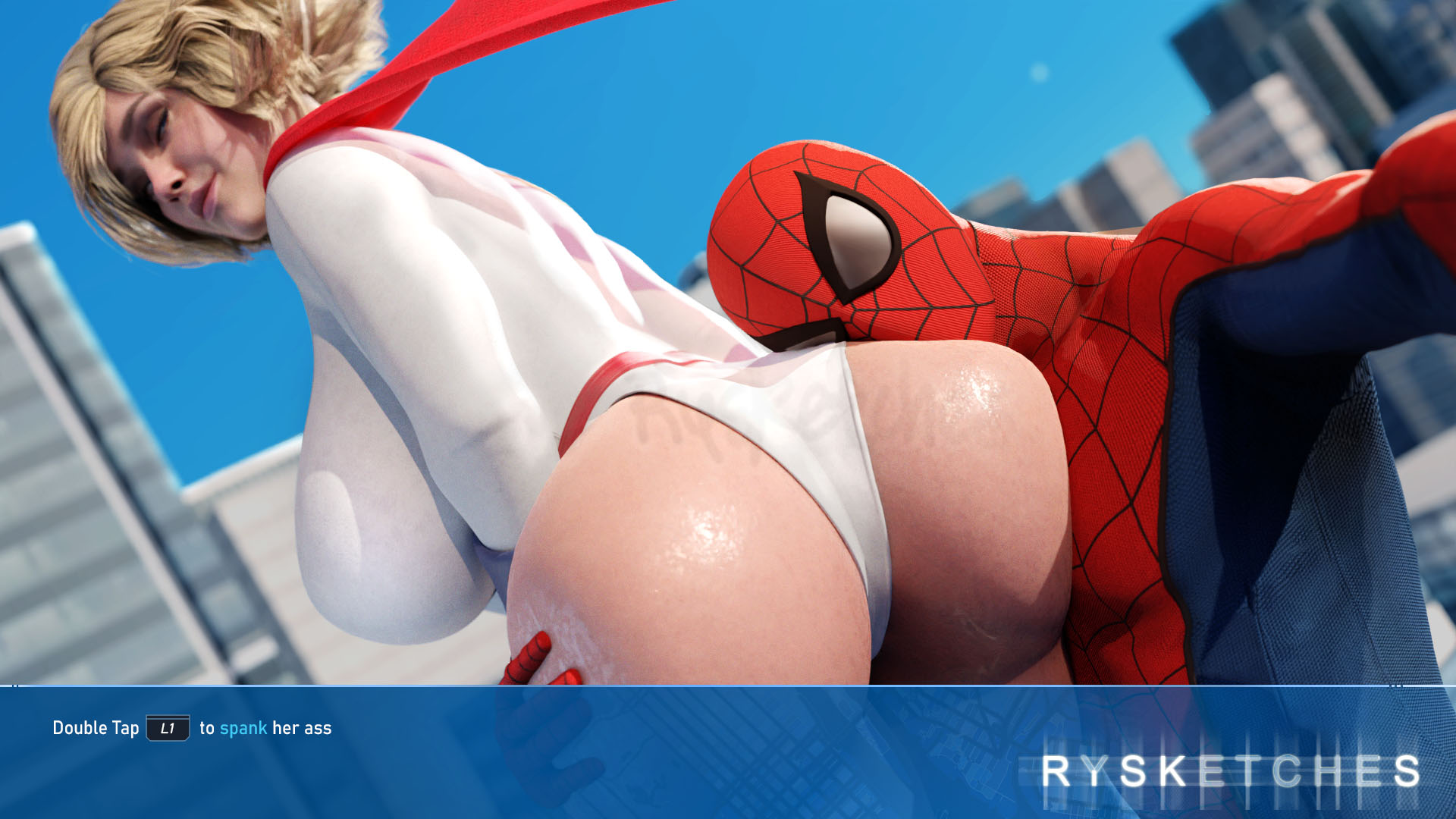 1boy, 1girls, 3d, 3d (artwork), ass, big ass, big breasts, big butt, blender, blender (software), blonde hair, blue eyes, bob cut, boob window, breasts, bubble butt, busty, caress, caressing, costume, couple, crossover, curvaceous, curvaceous figure, curvy, cute, dc, dc comics, english text, fat ass, fat butt, female, gameplay mechanics, holding ass, hourglass figure, huge ass, huge breasts, hugging, hugging ass, injustice 2, kara zor-l, karen starr, large ass, large breasts, large butt, male, marvel, marvel comics, medium hair, nipple slip, peter parker, pose, posing, power girl, power girl (injustice), presenting, presenting ass, rysketches, seductive, seductive look, selfie, sensual, spider-man, spider-man (insomniac), spider-man (ps4), spider-man (series), superhero, superheroine, superman (series), text, thick, thick ass, thick thighs, wide hips