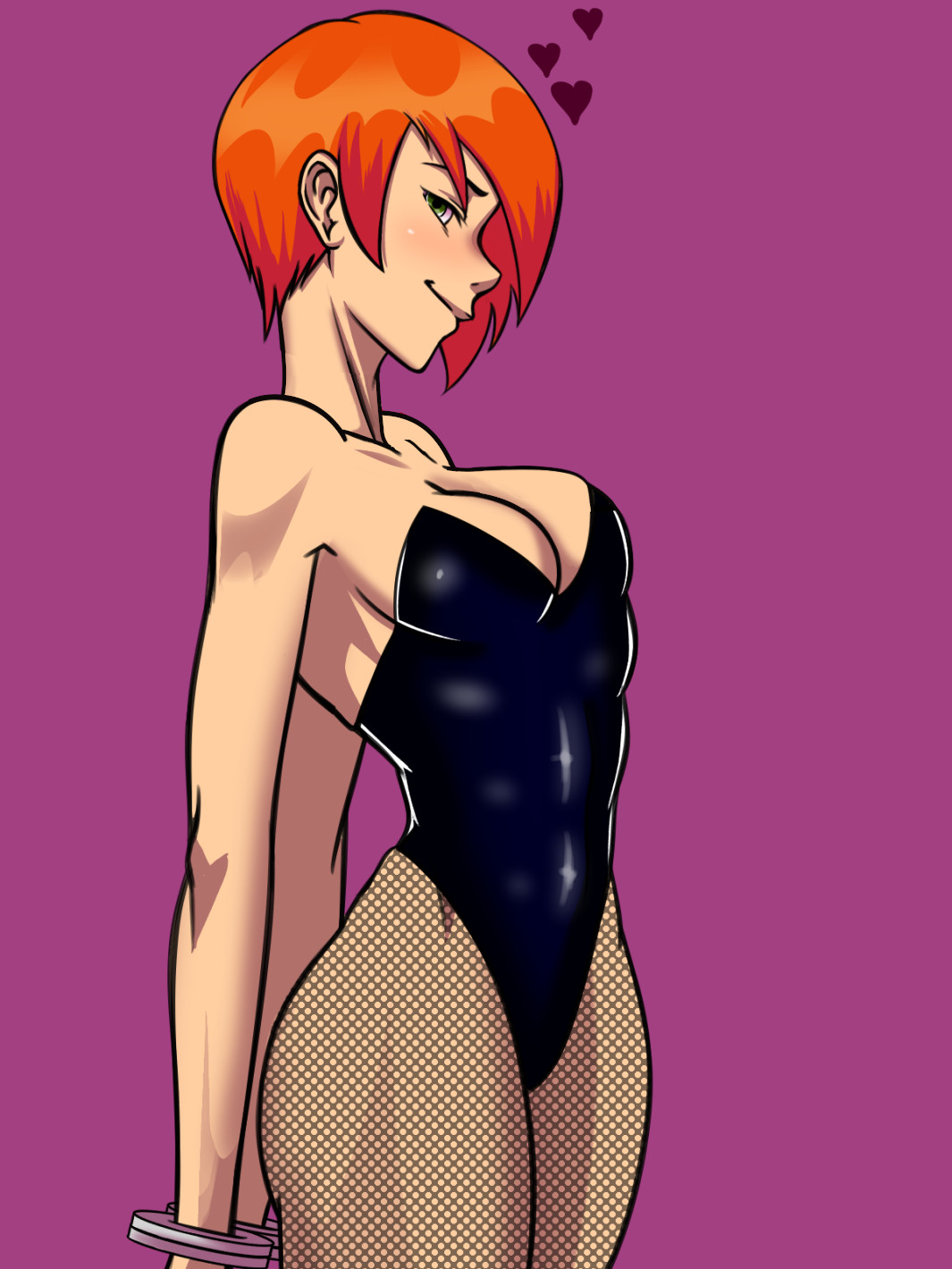 ben 10, ben 10 (classic), black leotard, bondage, breasts, cleavage, clothing, female, female focus, future gwen, future gwen (ben 10,000), green eyes, gwen tennyson, hair ornament, heart, high resolution, leotard, once (artist), orange hair, pantyhose, playboy bunny, short hair, solo, wrist cuffs