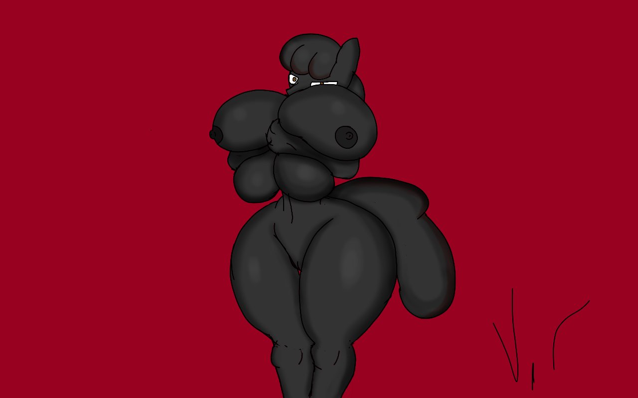 anthro ass big_breasts big_butt black_body breast_fondling breast_grab breast_play breast_squish breasts creepybloom equid equine female fondling hand_on_breast hasbro horse mammal my_little_pony pony solo squish straight_hair thick_thighs vamrack wide_hips