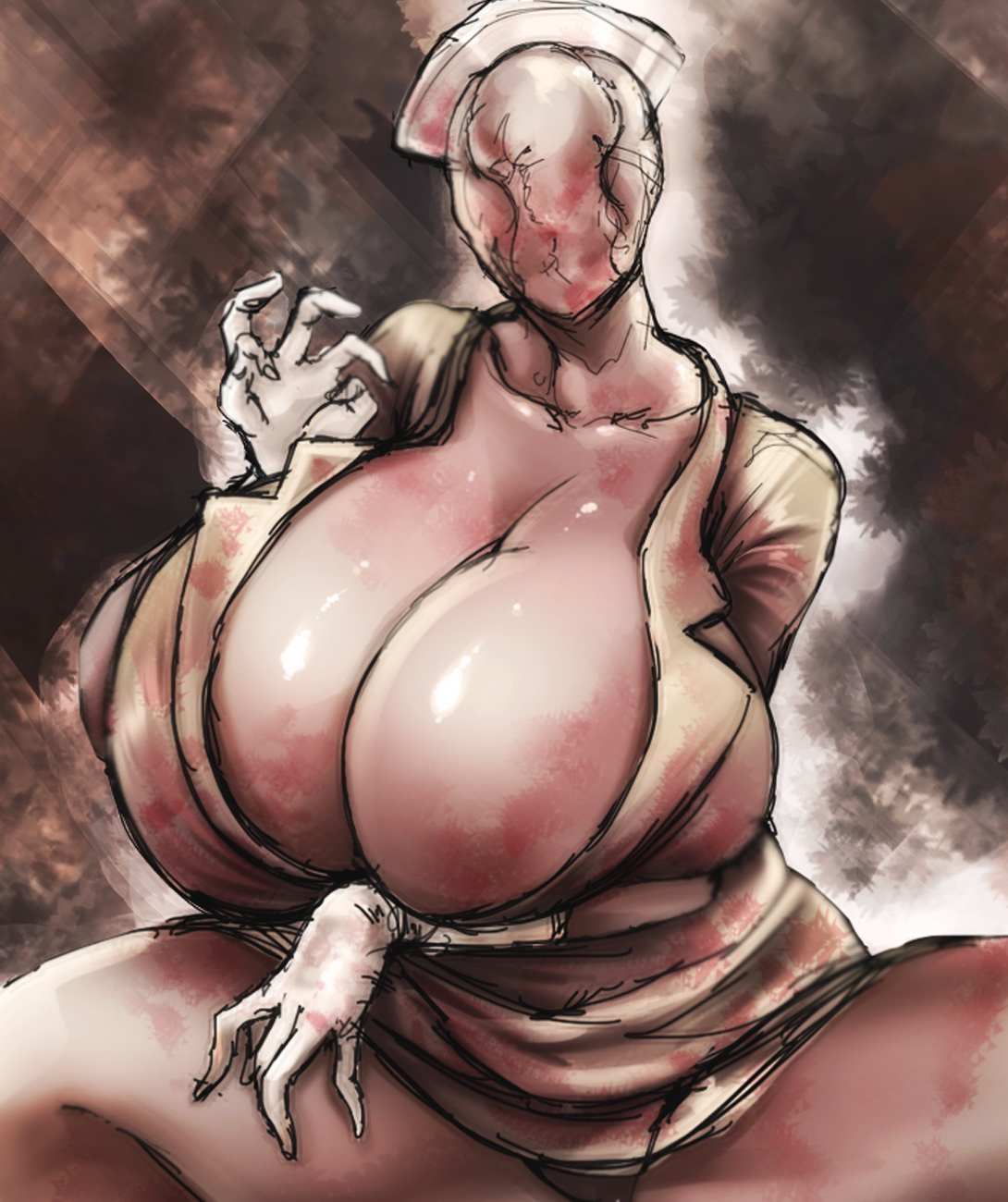 2d, 2d (artwork), aguranko, big breasts, blood, blood stain, breasts, bubble head nurse, cleavage, enormous breasts, faceless, faceless female, female, female only, gloves, huge breasts, massive breasts, minidress, monster girl, nurse, nurse (silent hill), nurse cap, nurse uniform, open clothes, short dress, silent hill, silent hill 2, solo, spread legs, squatting, stained clothes, thick thighs