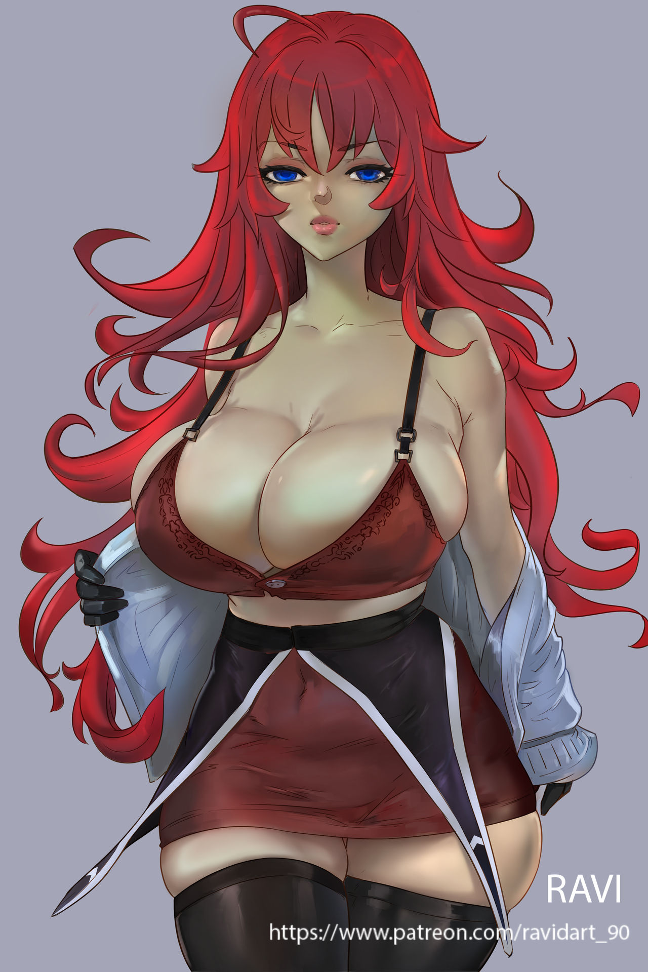 1girls, artist name, big breasts, blue eyes, bra, breasts, bursting breasts, busty, cleavage, covered navel, female, female only, high school dxd, huge breasts, lipstick, long hair, makeup, parted lips, pink lips, pink lipstick, ravidart, red bra, red hair, rias gremory, sensual, skirt, solo, thick thighs, thighhighs, thighs, underwear, voluptuous