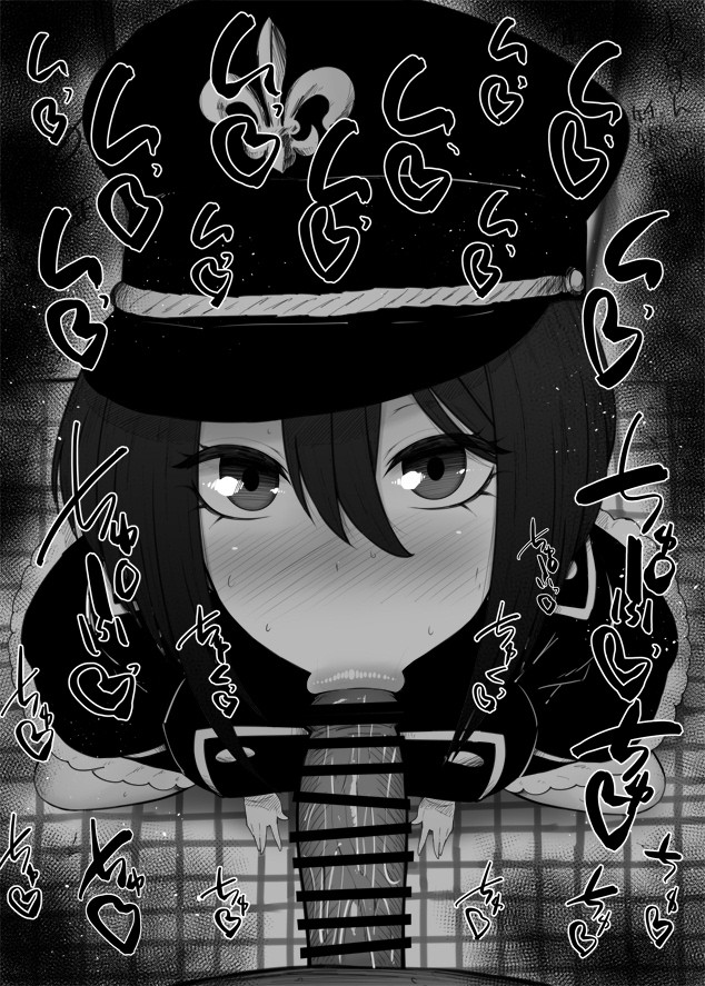 :>=, 1boy, 1girls, alternate costume, angry dragon, big breasts, big penis, black and white, black hair, black lily (cosplay), blowjob, blush, breasts, censored, cosplay, dark skin, dark-skinned male, deepthroat mark, detailed background, drooling, eye contact, eyelashes, fellatio, female, hands-free, hat, heart, human, indoor, inside, inui sajuna, kneeling, kurotama, long hair, looking at viewer, male, male pov, oral, oral sex, penis, pov, room, saliva, saliva trail, shiny, shiny skin, sketch, sono bisque doll wa koi wo suru, sound effects, squatting, sweat, teenager, text, toilet, tongue, tongue out, vein, veins, veiny, veiny penis, young