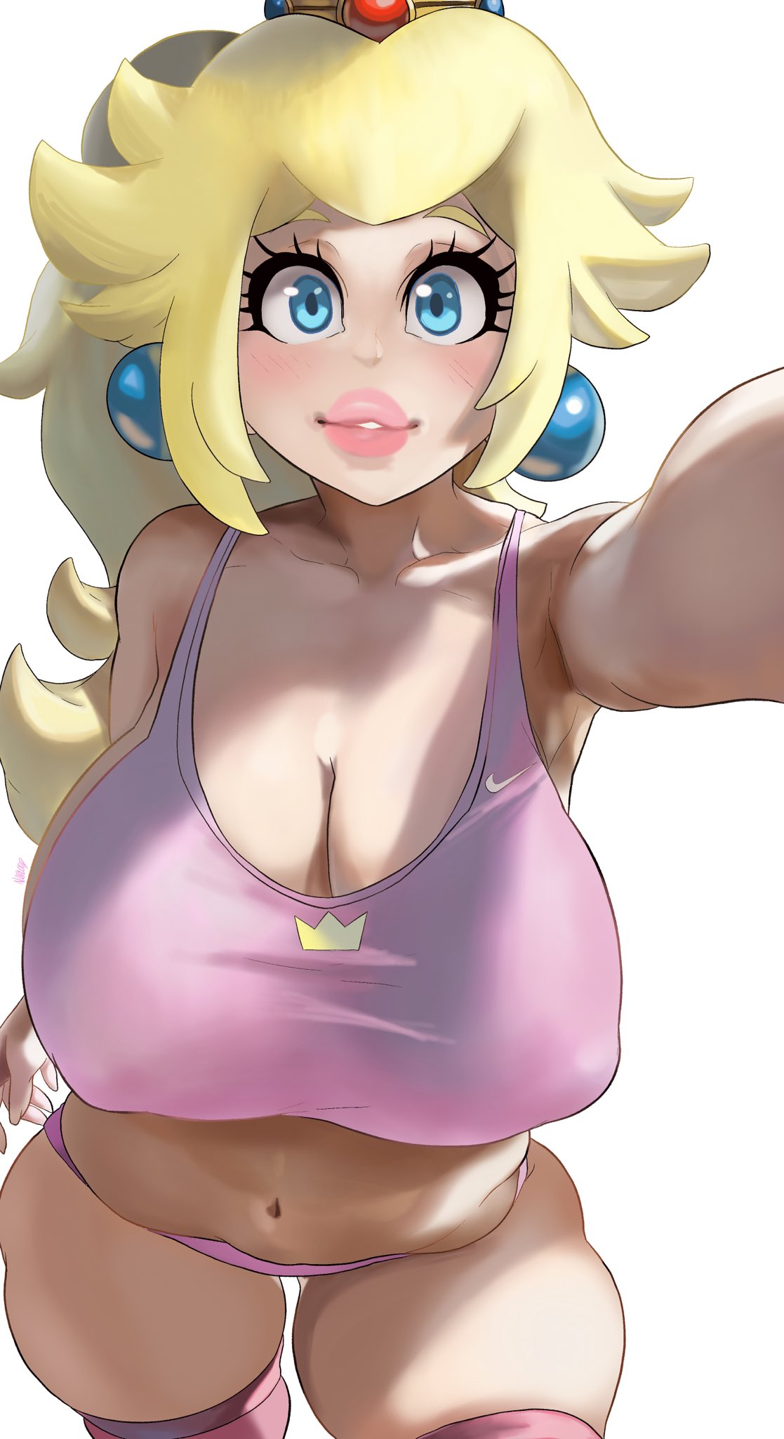 1girls 2022 armpits bare_shoulders big_breasts blonde_hair blue_eyes blush breasts chubby cleavage clothed clothing crown ear_piercing erect_nipples erect_nipples_under_clothes female female_only huge_breasts large_breasts long_hair long_ponytail looking_at_viewer makeup mario_(series) mascara navel nike nintendo nipple_bulge noblood panties pink_panties pink_shirt ponytail princess princess_peach puffy_lips royalty selfie shirt simple_background skindentation smile solo solo_female thick_thighs thighhighs thighs tied_hair underwear venus_body voluptuous white_background wide_hips zettai_ryouiki