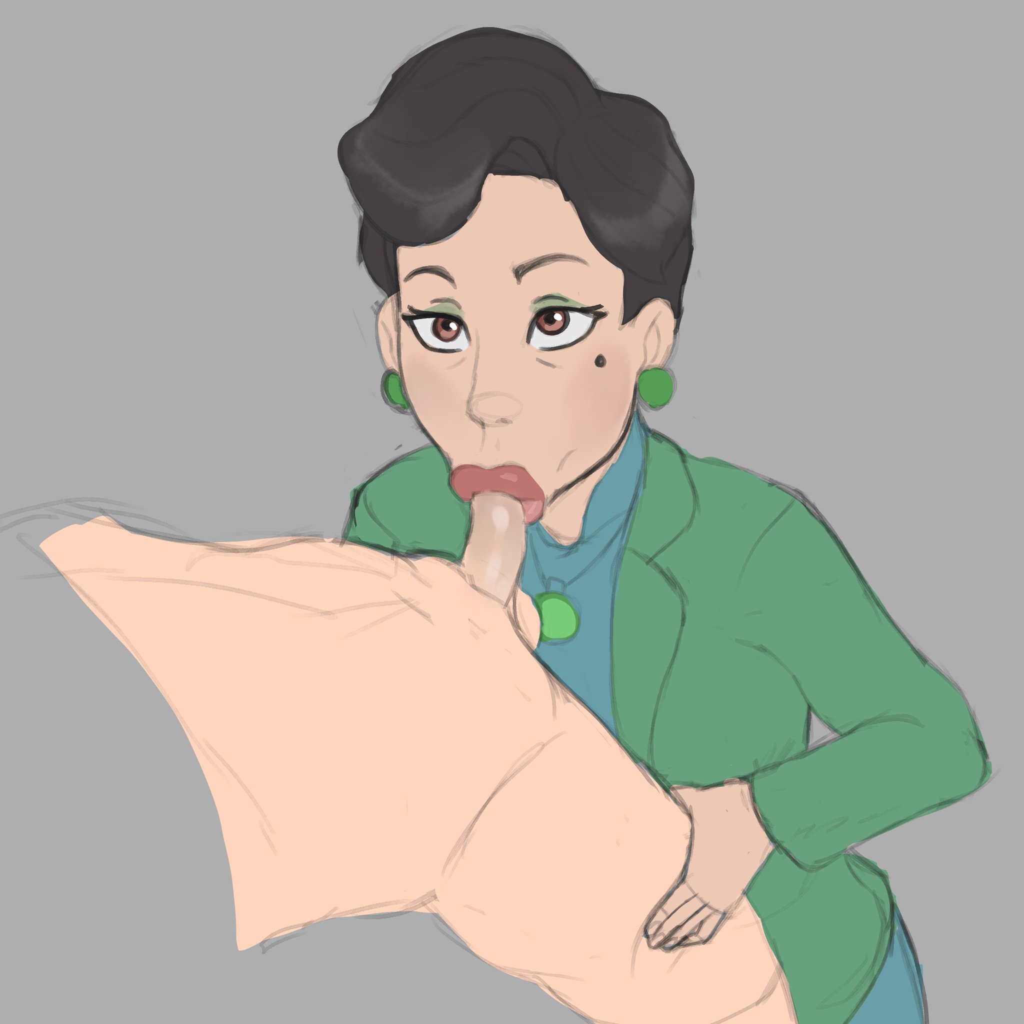 :>=, 1boy, 1girls, black hair, clothed female nude male, disney, fellatio, female, jin lee, jumbogumbo, male, milf, ming lee, mole, mole under eye, oral, penis, pixar, tagme, turning red, unseen male face