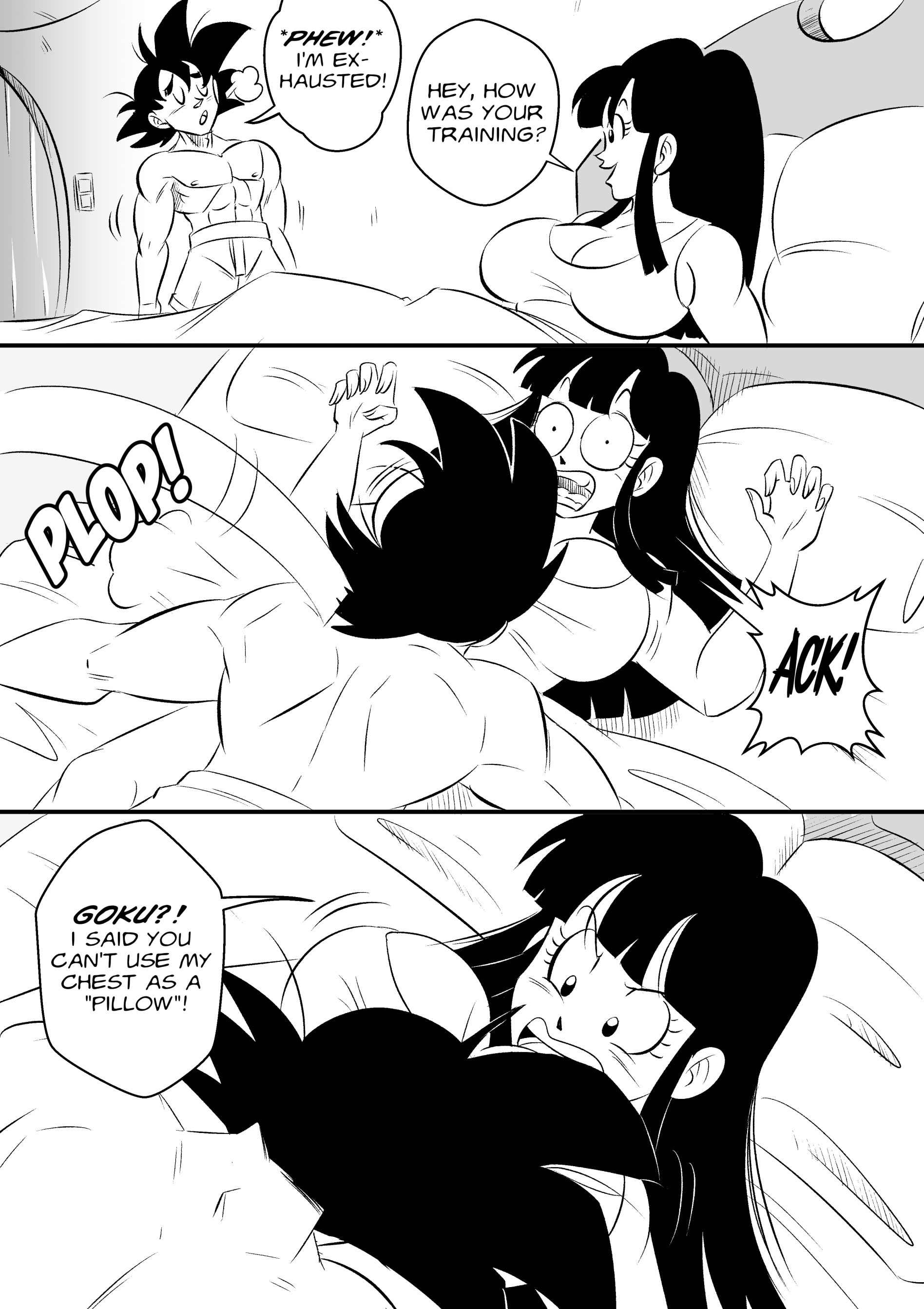 breast grab, breast pillow, breasts, canon couple, chichi, comic, couple, dragon ball, dragon ball z, english text, female, funsexydragonball, head in cleavage, head on breasts, husband and wife, large breasts, male, manga, mature female, monochrome, shounen jump, son goku
