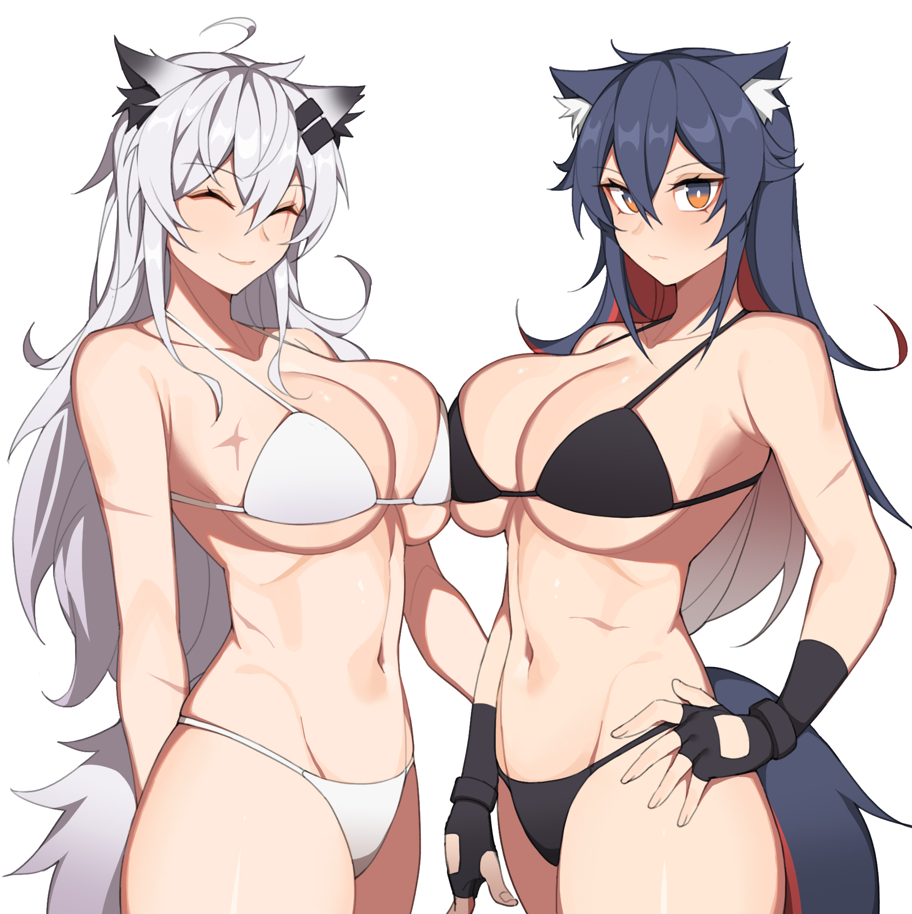^ ^, 2girls, animal ear fluff, animal ears, arknights, asymmetrical docking, bangs, bare shoulders, bikini, black gloves, black hair, breast press, breasts, brown eyes, closed eyes, commentary, cowboy shot, english commentary, eyebrows visible through hair, female, fingerless gloves, gloves, groin, hair between eyes, hand on hip, hanenosaki, highres, lappland (arknights), large breasts, long hair, multiple females, multiple girls, navel, scar, scar across eye, silver hair, simple background, smile, standing, stomach, swimsuit, tail, texas (arknights), very long hair, white background, white bikini, wolf ears, wolf tail