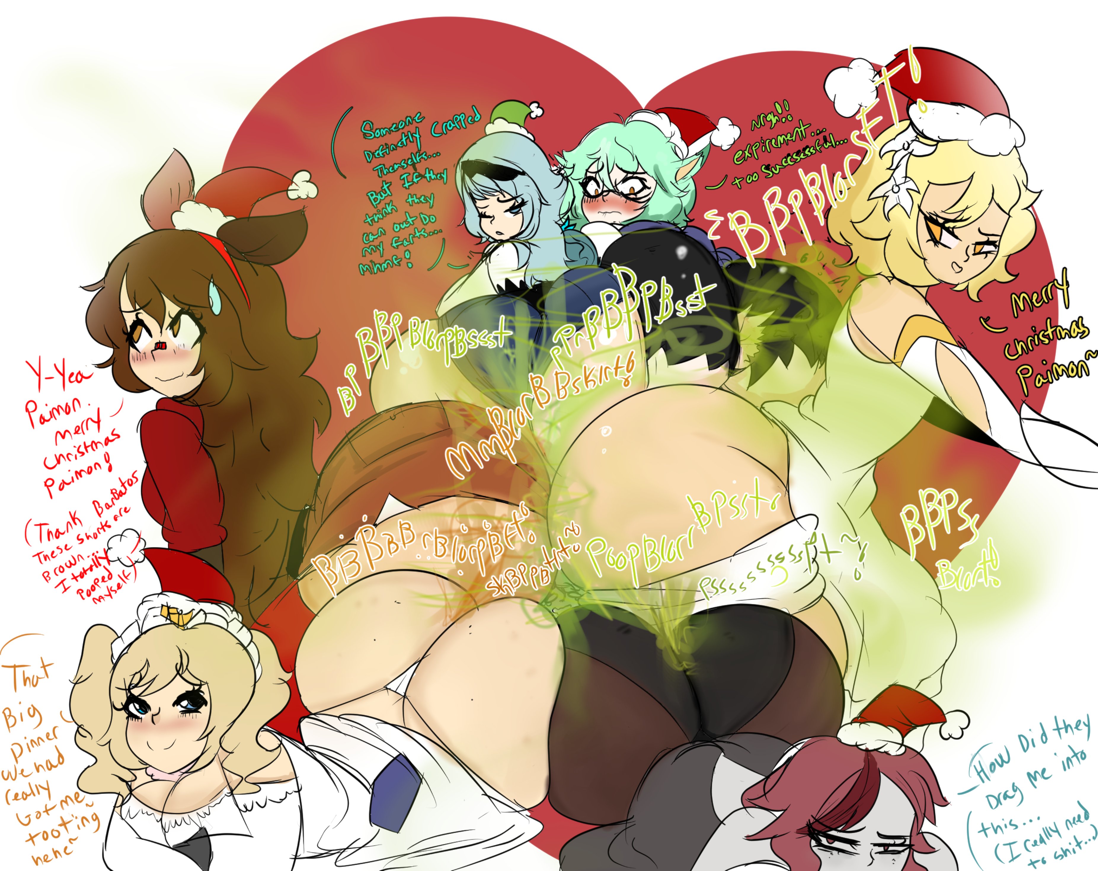 7girls, amber (genshin impact), ass, ass cleavage, ass crack, barbara (genshin impact), big ass, brap, butt crack, eula (genshin impact), fard, fart, fart bukkake, fart fetish, farting, farting in face, female, female only, femdom, genshin impact, lumine (genshin impact), melissaalli, multiple females, multiple girls, nun, paimon (genshin impact), rosaria (genshin impact), sucrose (genshin impact), thong, valentine's day, valentines day, yuri