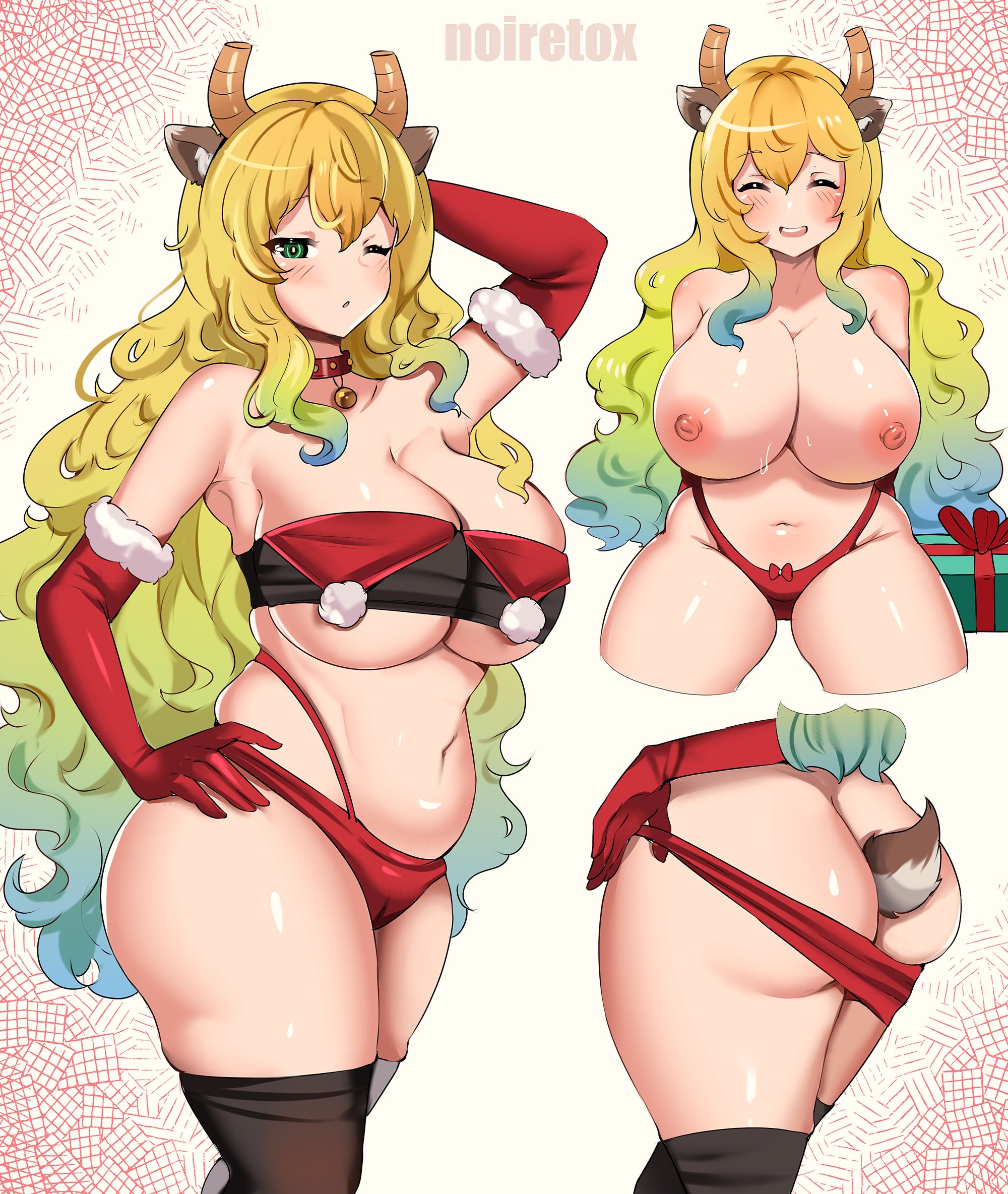 1girls, areolae, ass, blonde hair, breasts, bubble ass, bubble butt, christmas, dragon girl, dragon horns, female, hips, horns, huge breasts, large ass, large breasts, light skin, light-skinned female, long hair, miss kobayashi's dragon maid, nipples, noiretox, quetzalcoatl (dragon maid), smile, tail accessory, thick thighs, thighs, topless, wide hips